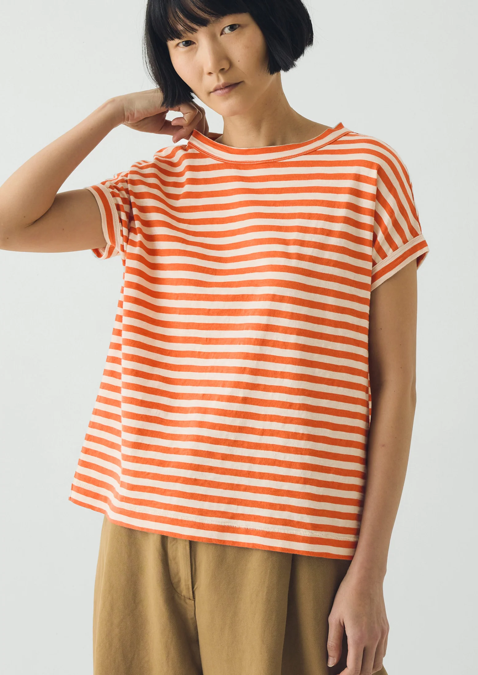 Alda Stripe Cotton Easy Tee | Mango/Shell - Image 2