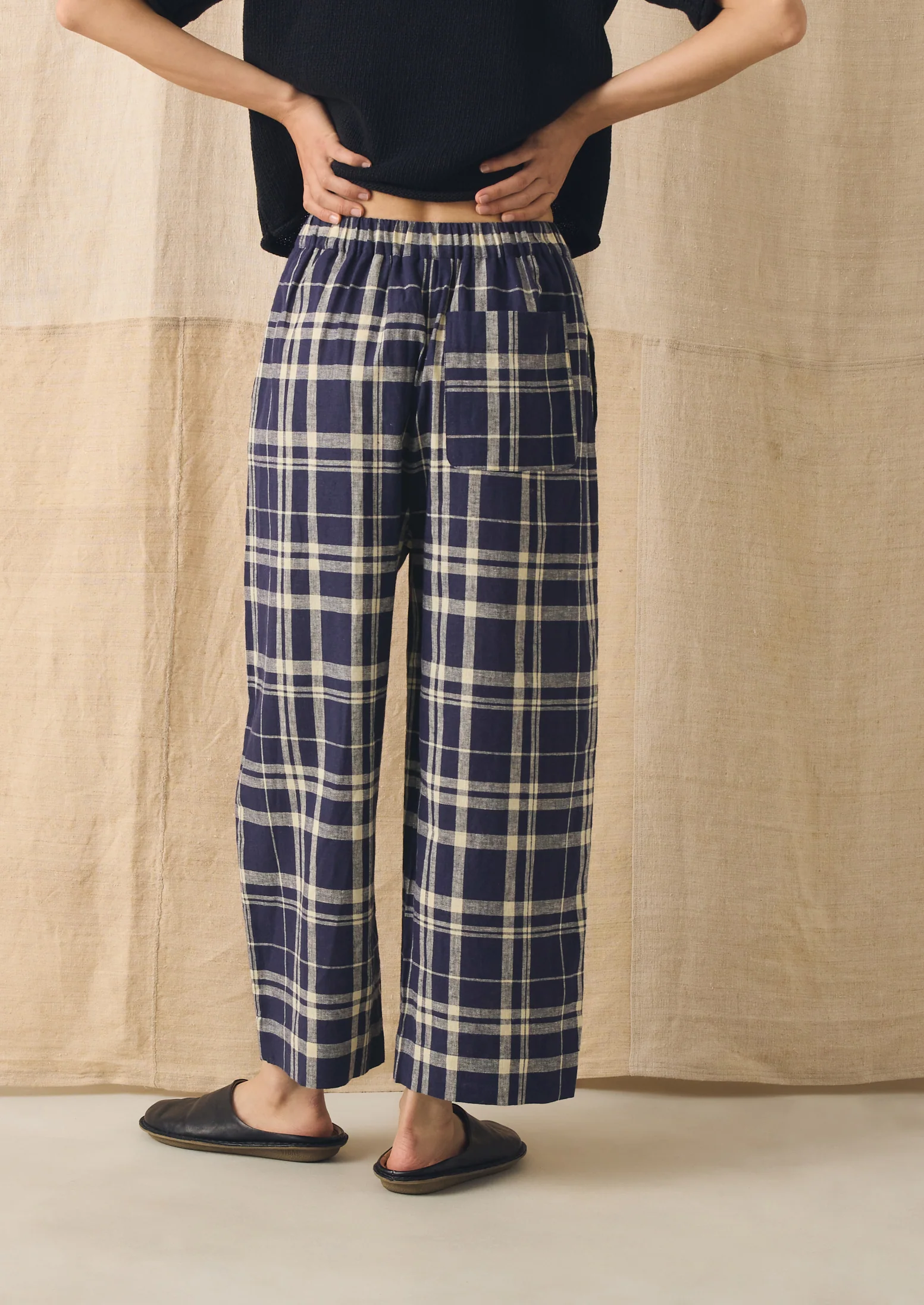 Barrel Leg Check Linen Cotton Trousers | Blue/Soya - Image 3