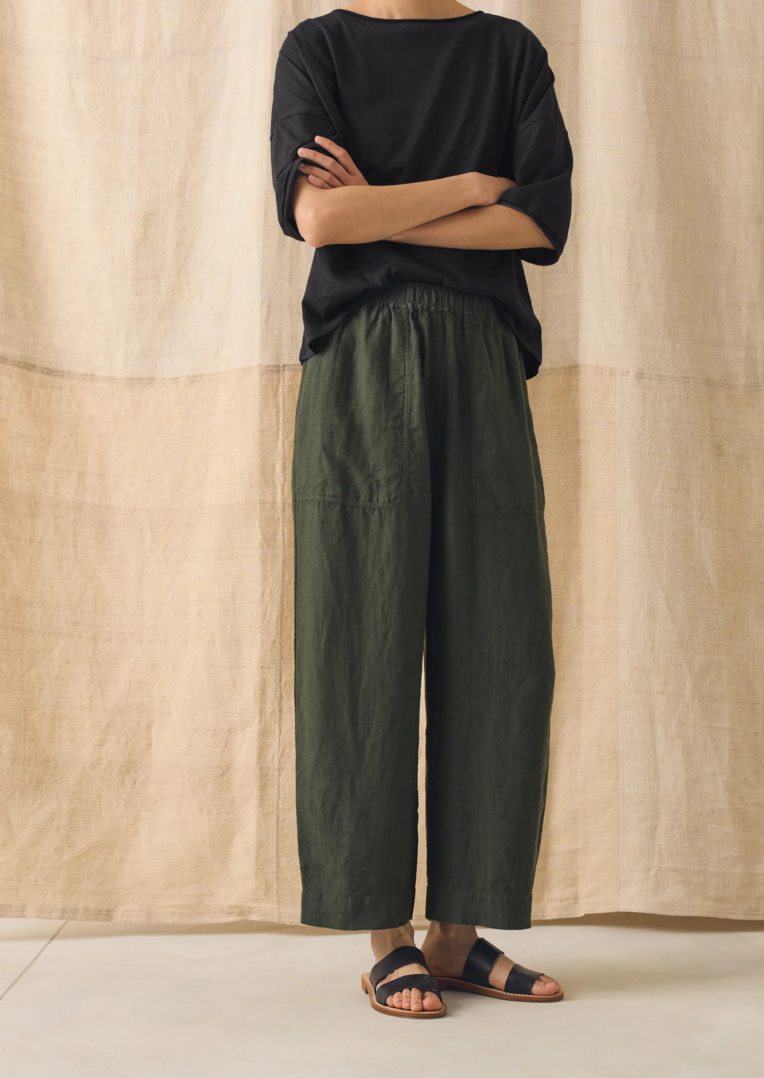Garment Dyed Linen Barrel Leg Trousers | Dark Olive - Image 2