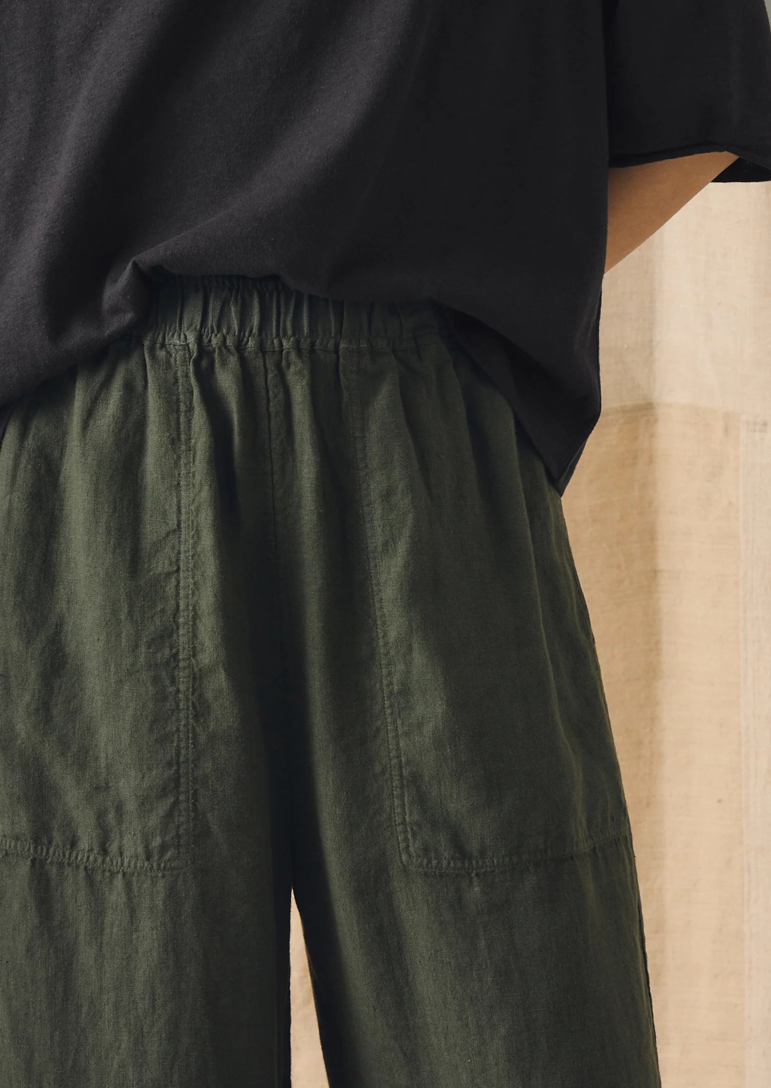 Garment Dyed Linen Barrel Leg Trousers | Dark Olive - Image 3