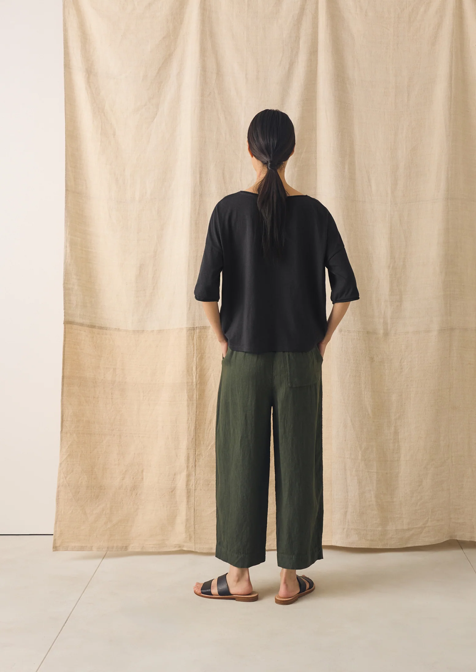 Garment Dyed Linen Barrel Leg Trousers | Dark Olive - Image 4