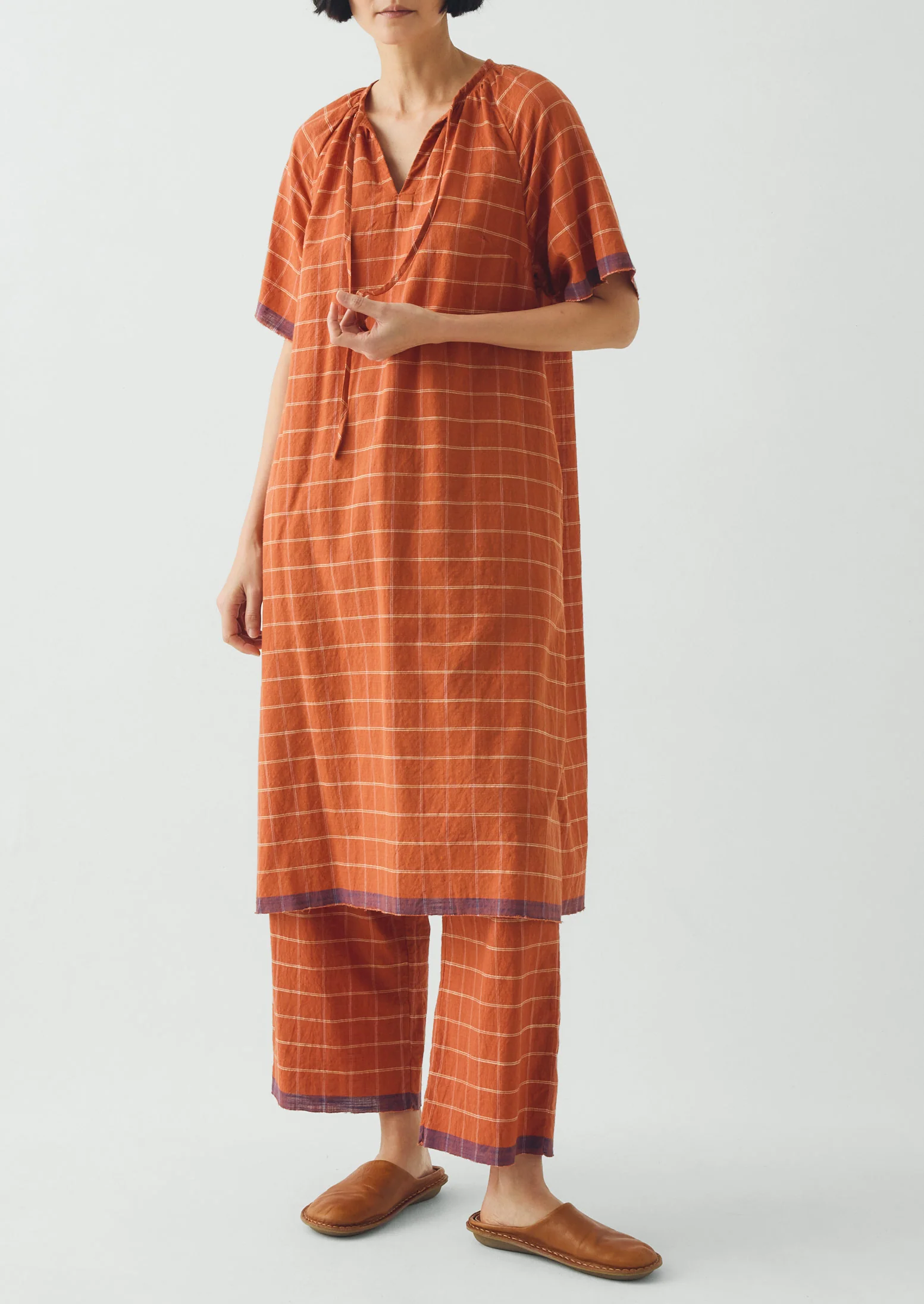Bistrot Check Cotton Kaftan | Papaya - Image 3