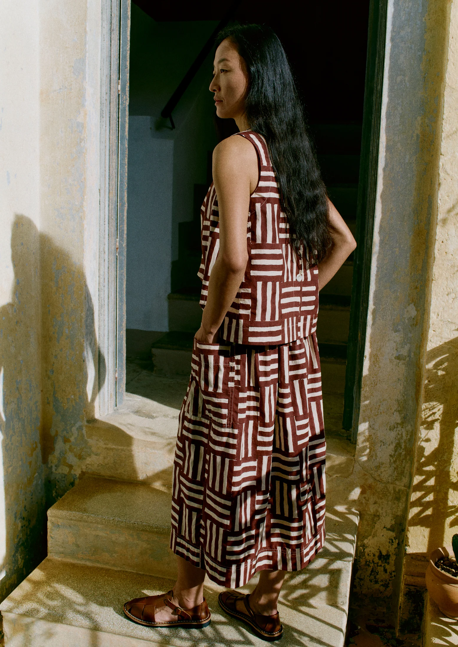 Block Print Patchwork Stripe Wrap Skirt | Sable - Image 5