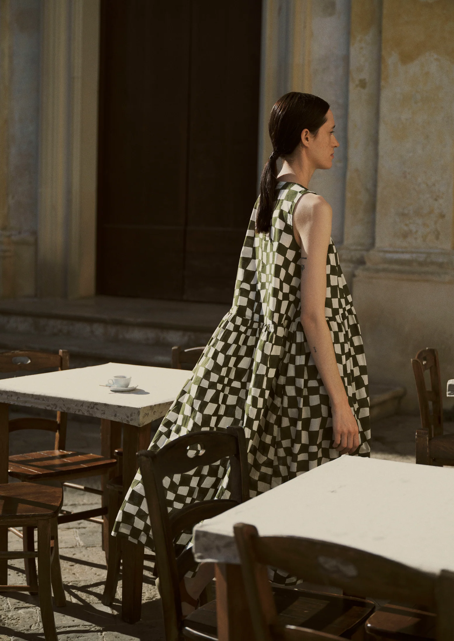 Block Print Warp Check Sleeveless Dress | Olive - Image 3