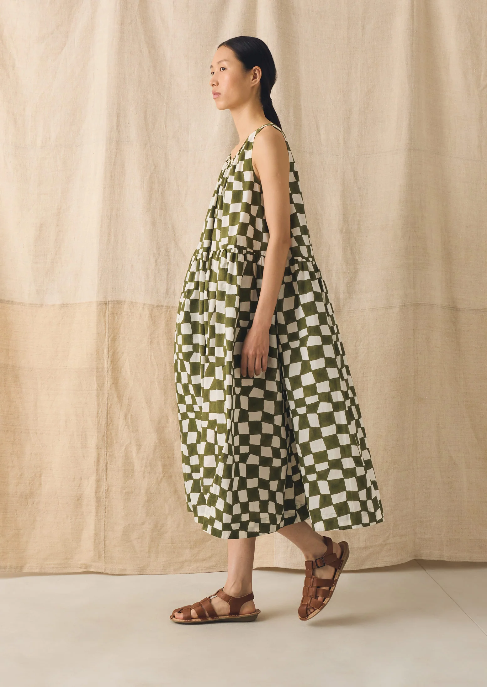 Block Print Warp Check Sleeveless Dress | Olive - Image 4