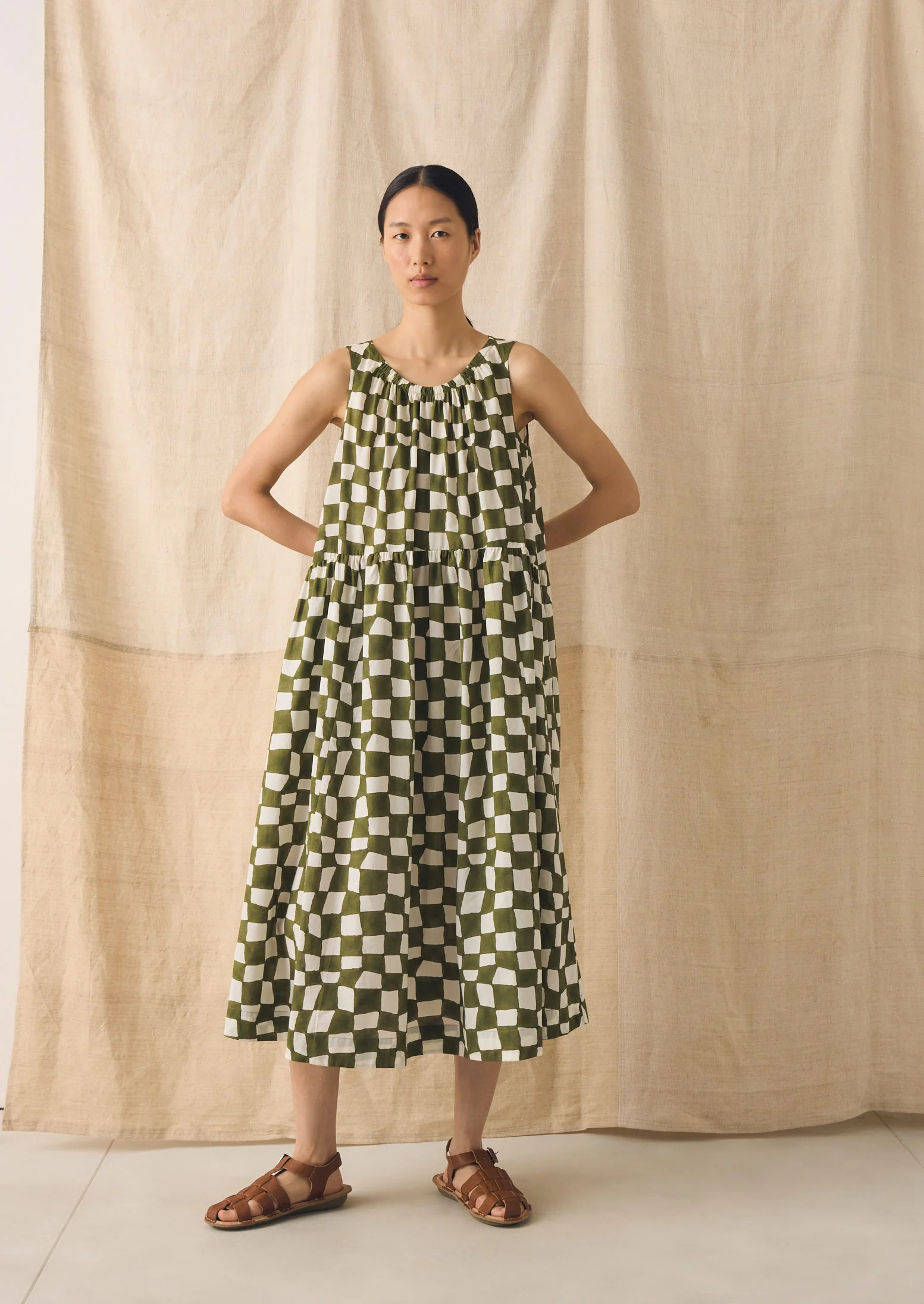 Block Print Warp Check Sleeveless Dress | Olive - Image 5
