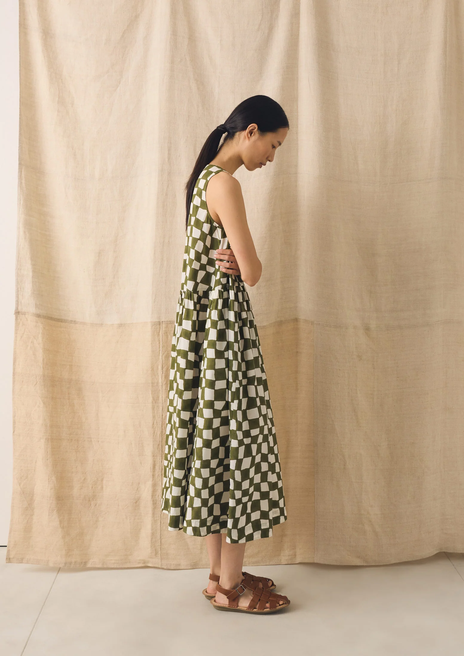 Block Print Warp Check Sleeveless Dress | Olive - Image 6