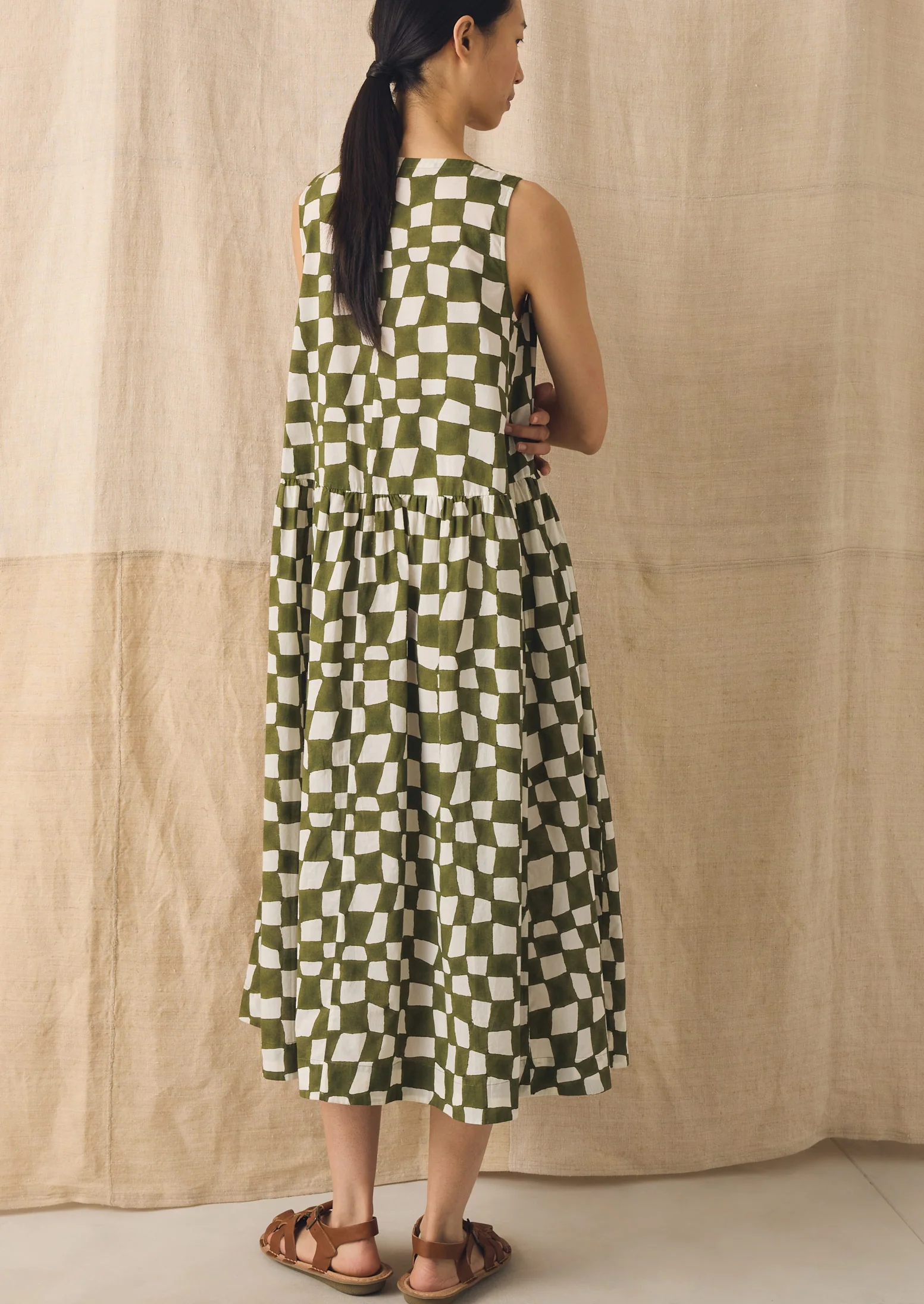 Block Print Warp Check Sleeveless Dress | Olive - Image 7