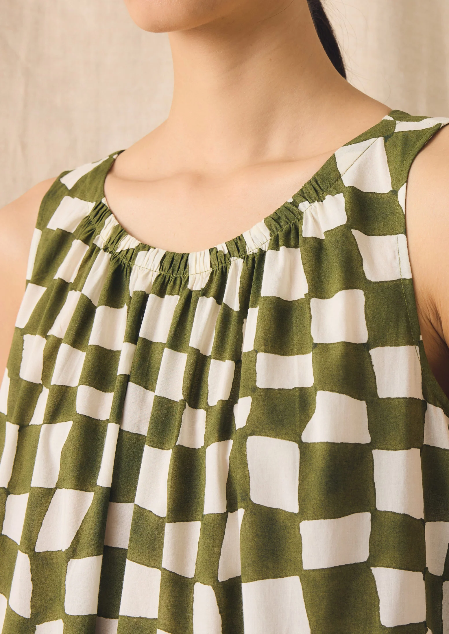 Block Print Warp Check Sleeveless Dress | Olive - Image 8