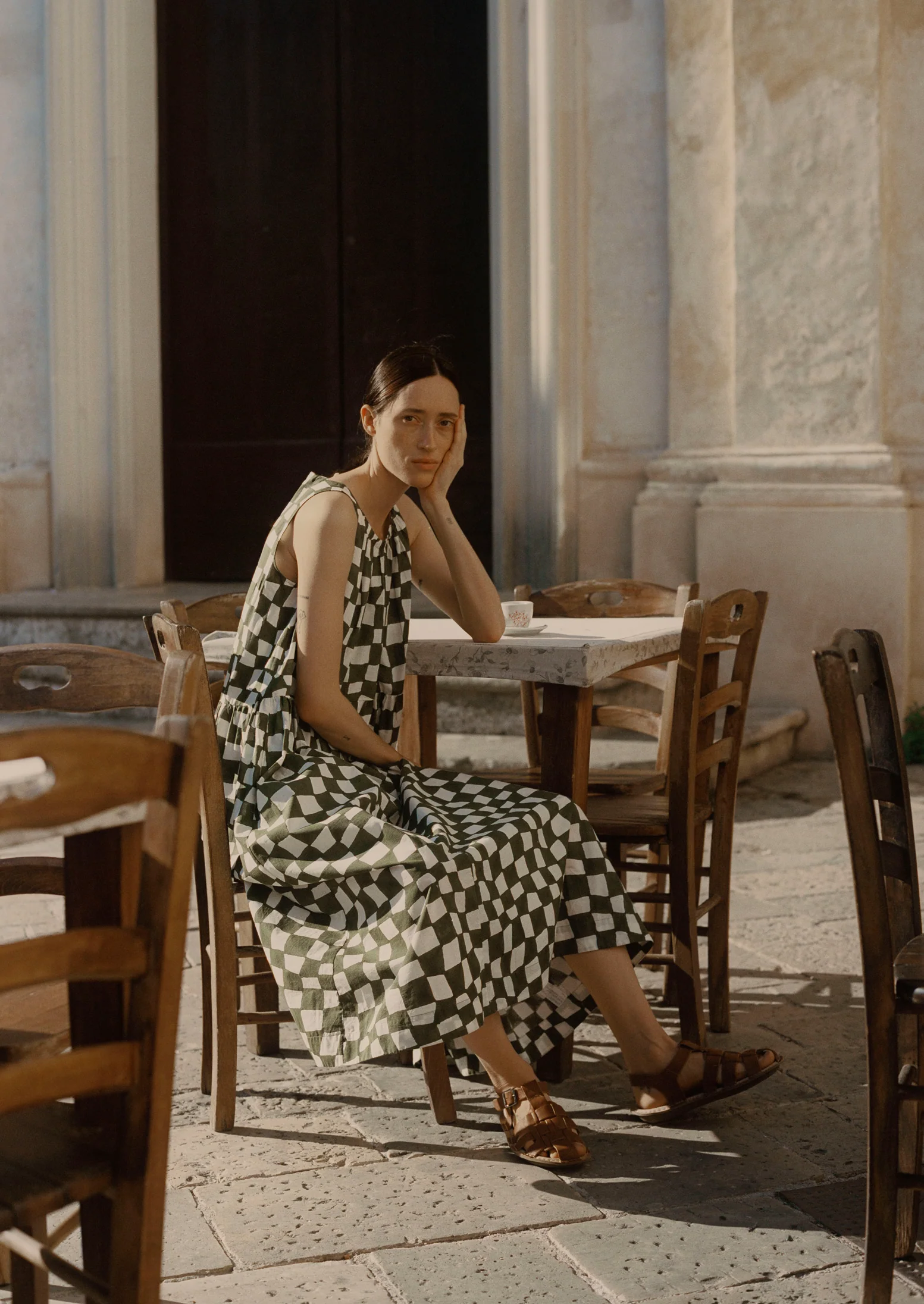 Block Print Warp Check Sleeveless Dress | Olive - Image 9