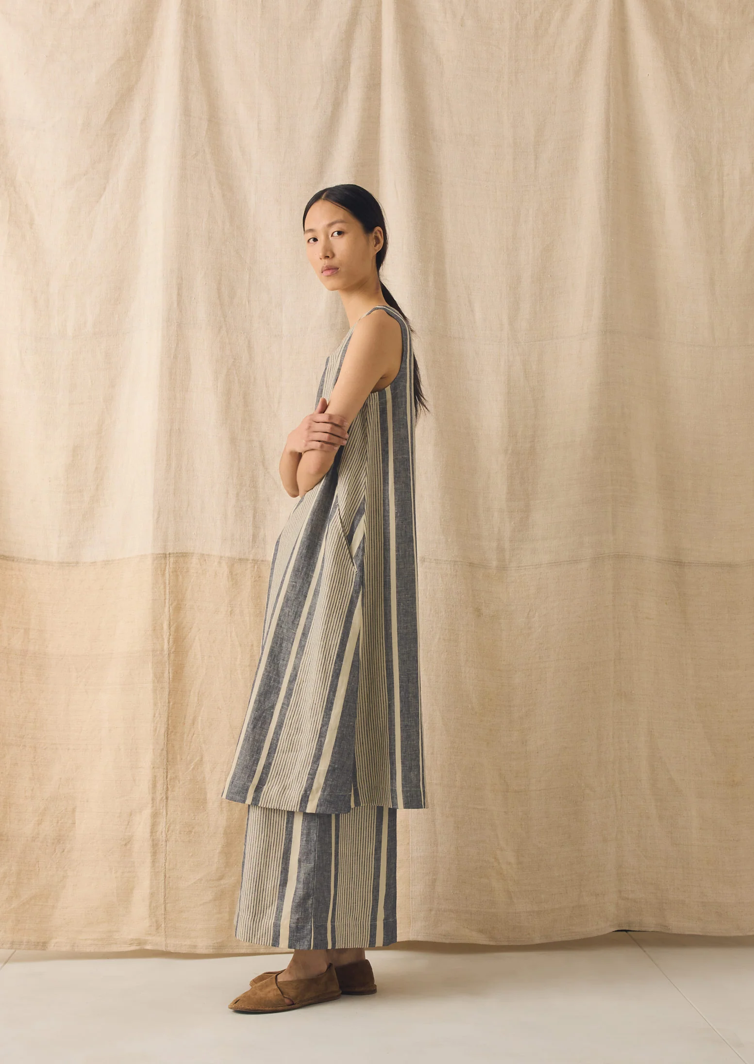 Bolster Stripe Linen Shift Dress | Washed Denim - Image 2