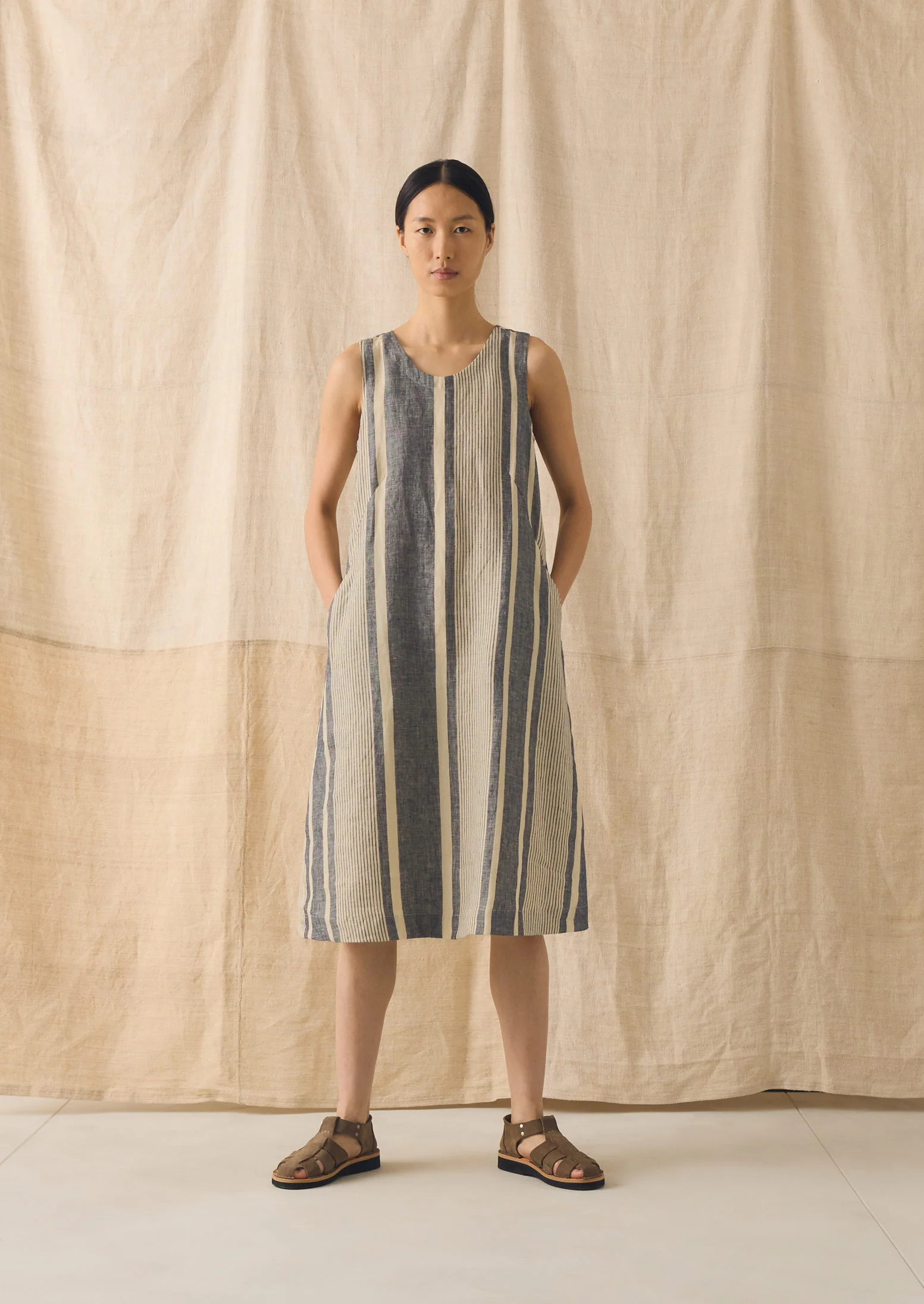 Bolster Stripe Linen Shift Dress | Washed Denim - Image 3