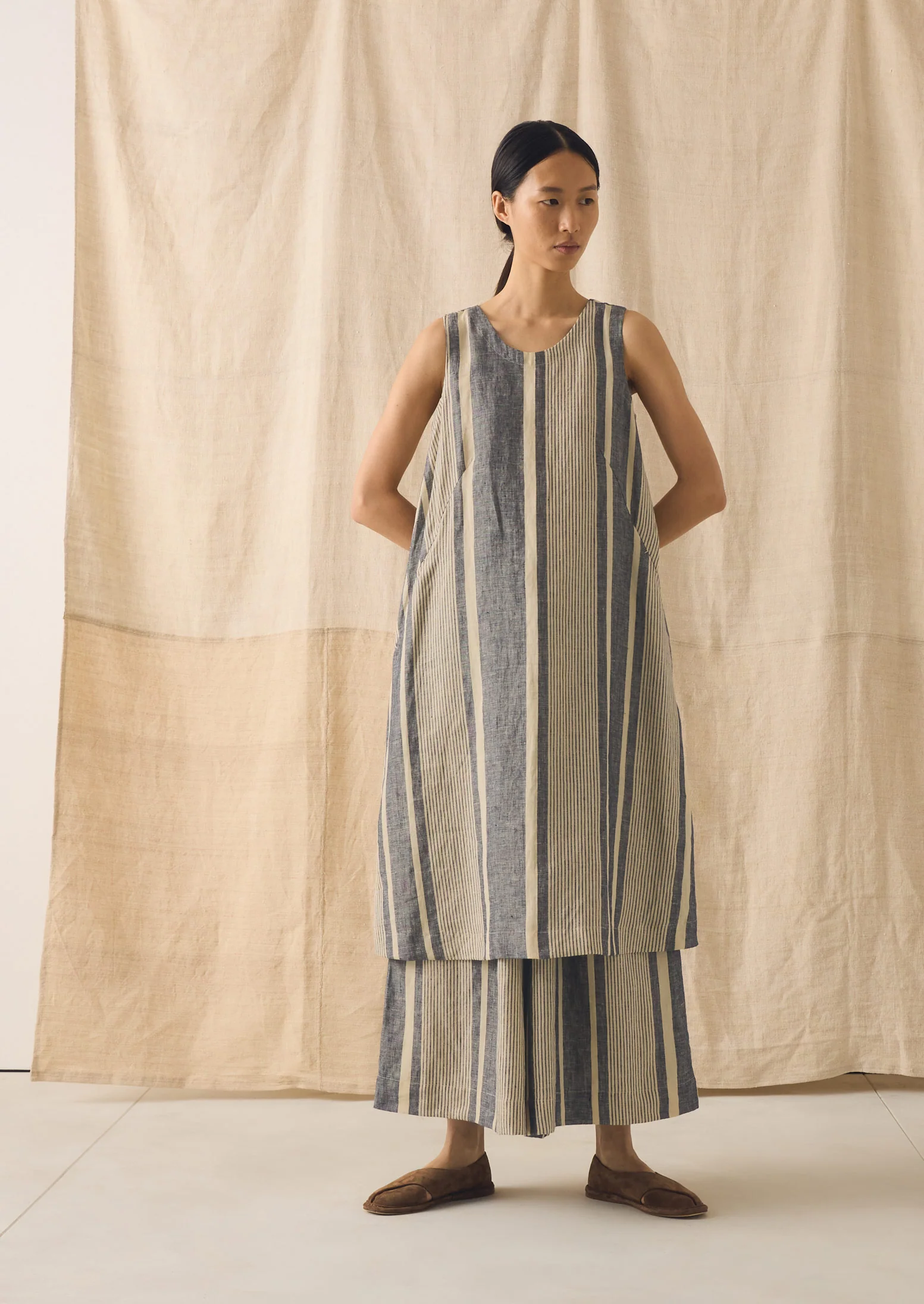 Bolster Stripe Linen Shift Dress | Washed Denim - Image 4