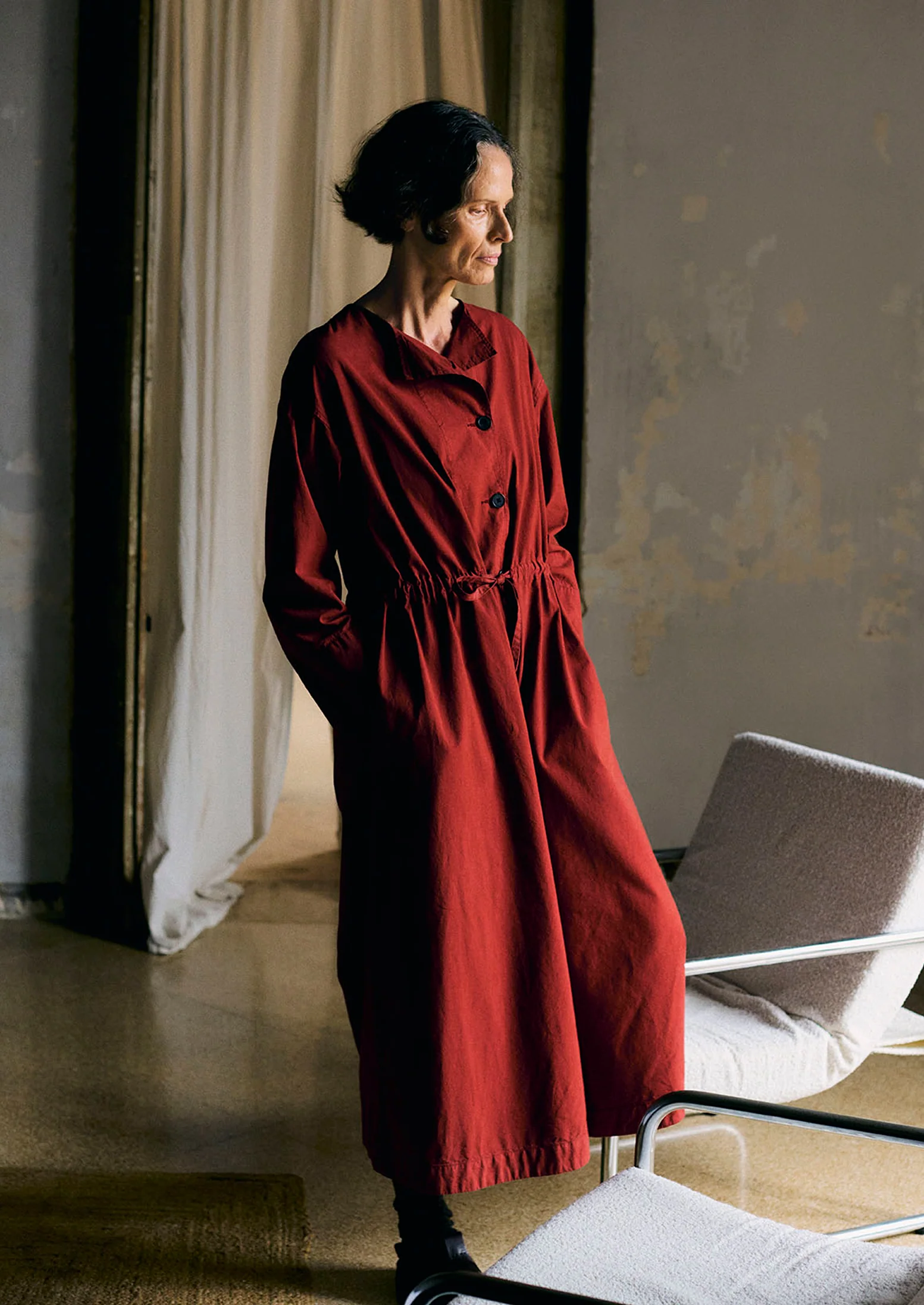 Button Through Cotton Linen Poplin Dress | Brick - Image 2