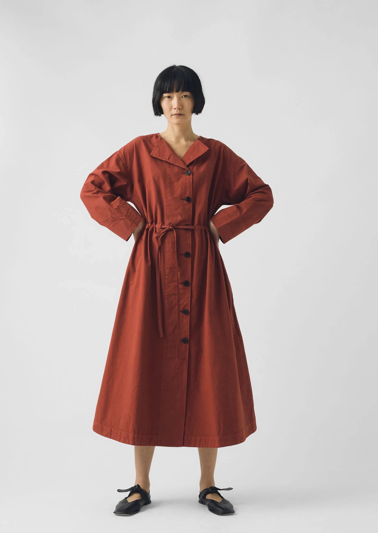 Button Through Cotton Linen Poplin Dress | Brick - Image 3