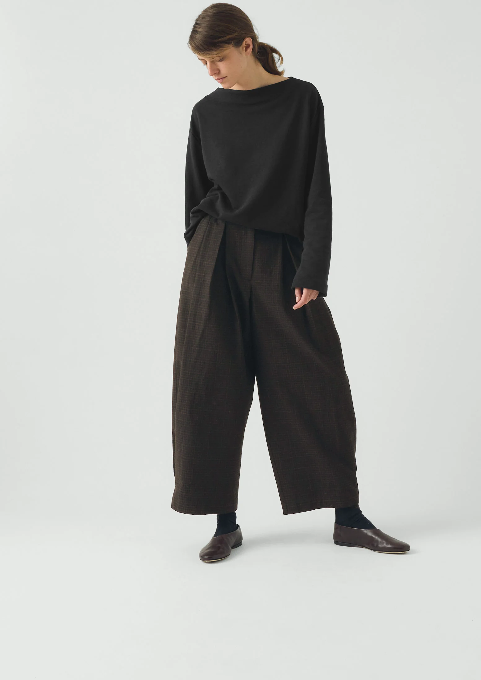 Carys Check Cotton Wool Wide Leg Trousers | Slate - Image 3