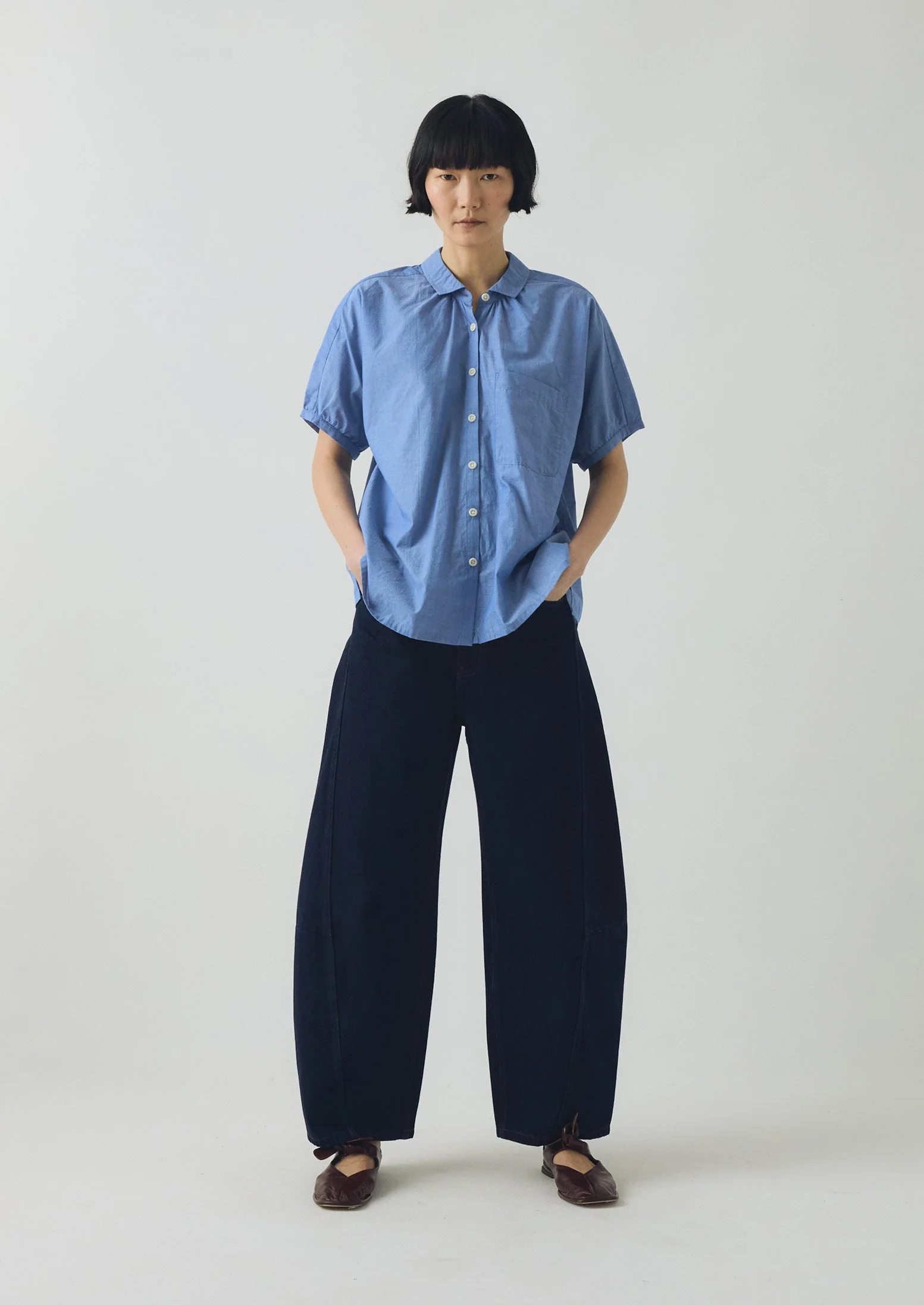 Cecily Gathered Cotton Shirt | Light Blue - Image 2