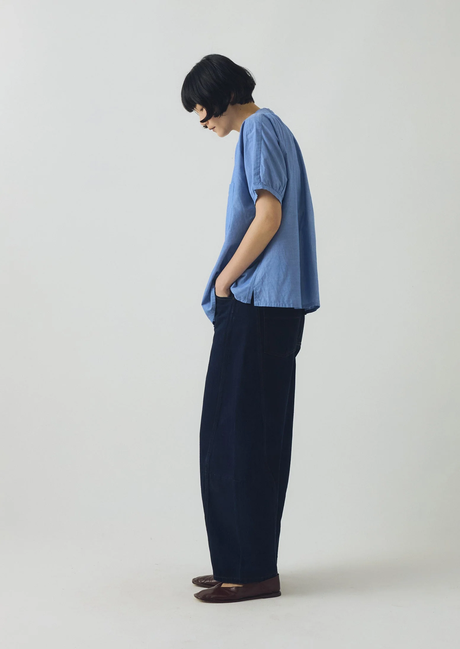 Cecily Gathered Cotton Shirt | Light Blue - Image 4