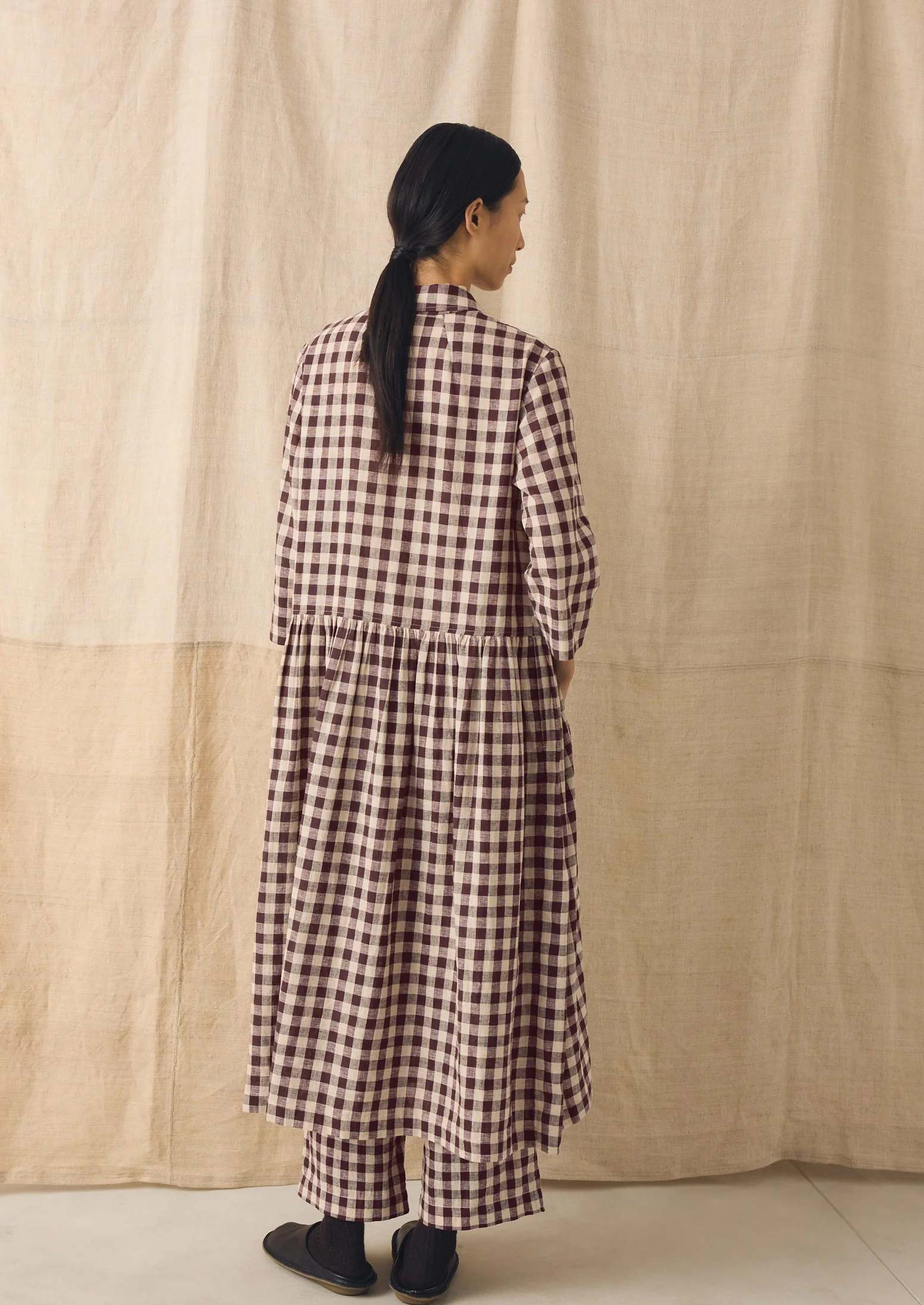 Check Linen Cotton Shirt Dress | Dark Chocolate/Ecru - Image 4