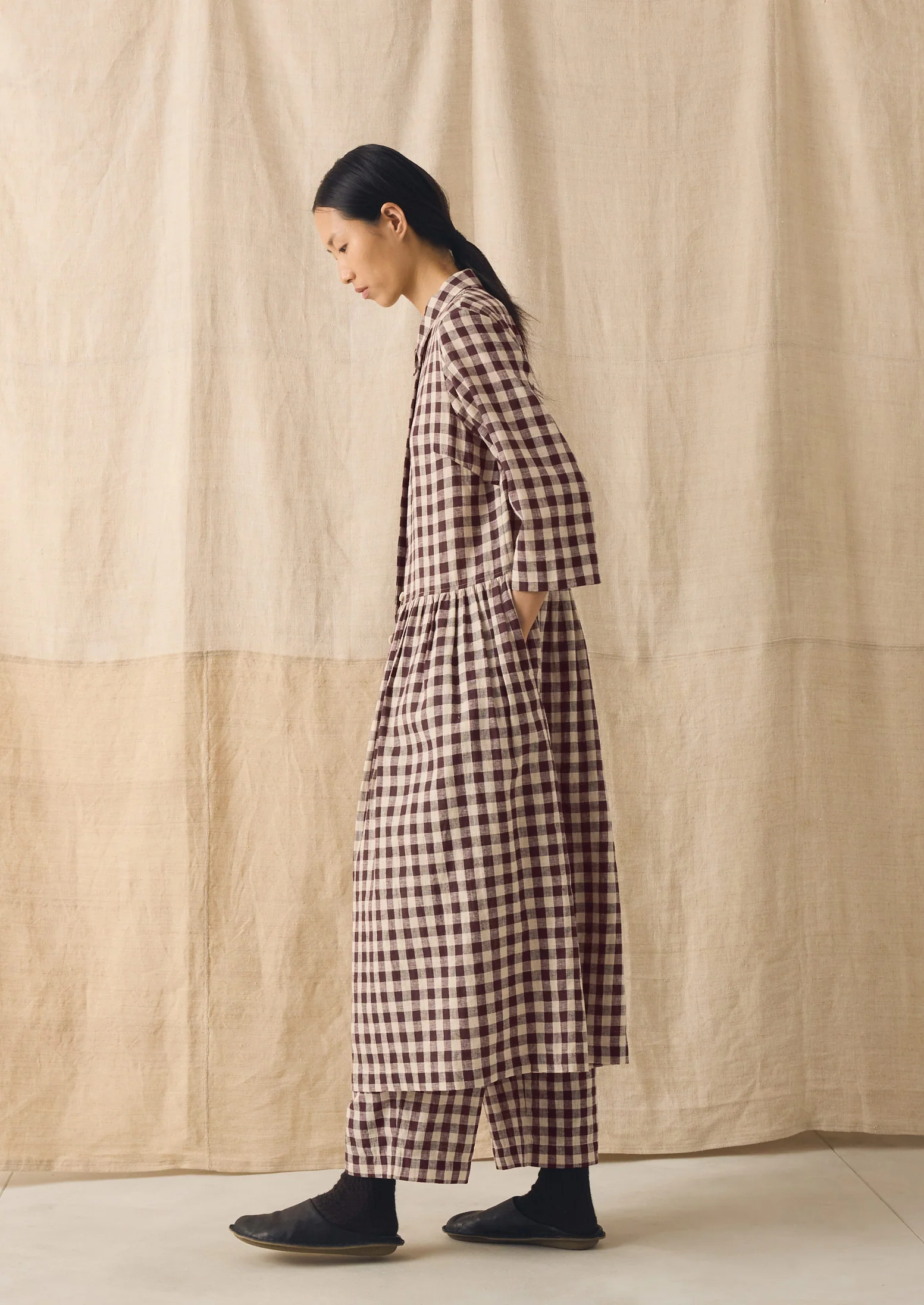 Check Linen Cotton Shirt Dress | Dark Chocolate/Ecru - Image 5