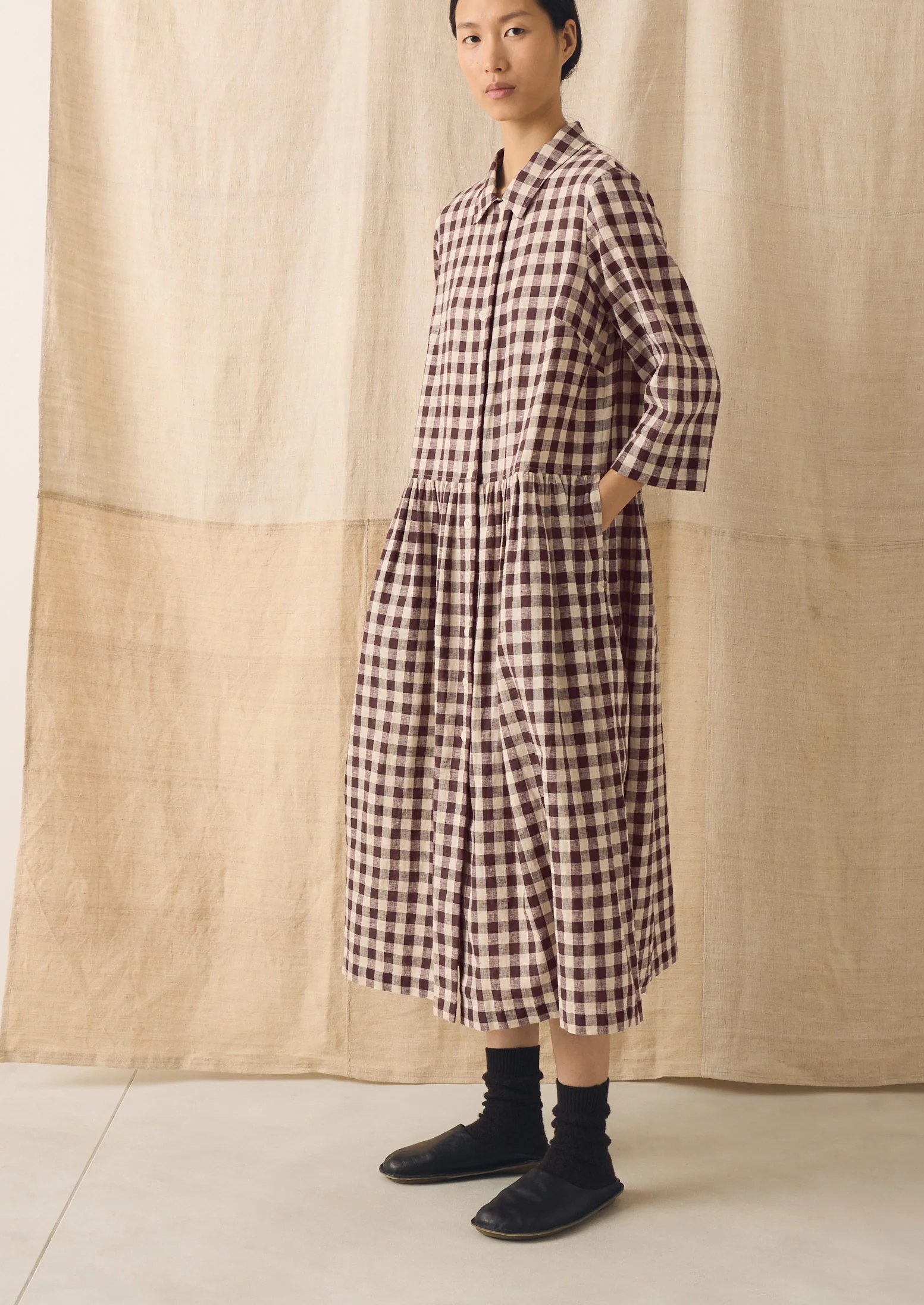 Check Linen Cotton Shirt Dress | Dark Chocolate/Ecru - Image 6