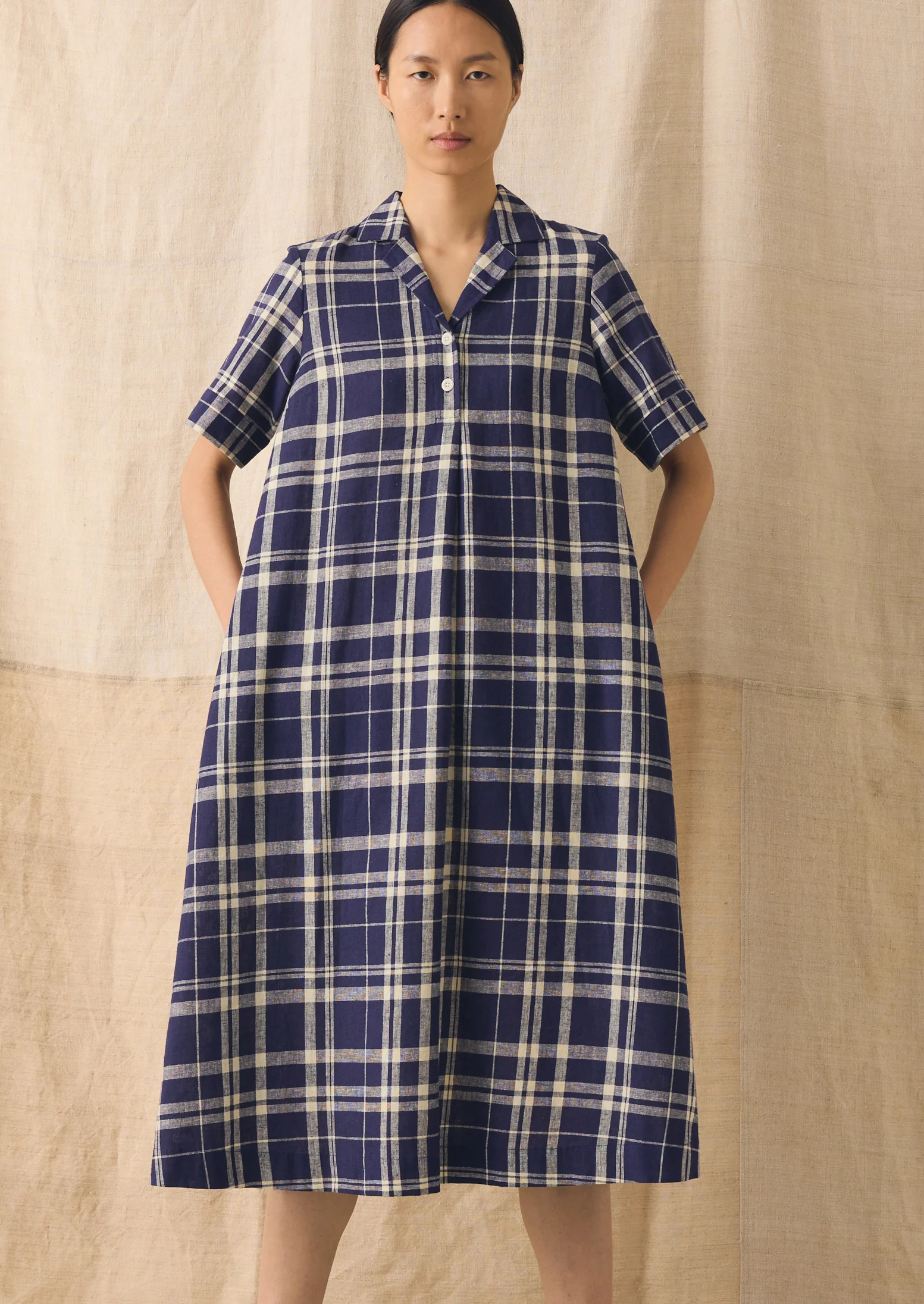Check Linen Cotton Swing Dress | Blue/Soya - Image 2