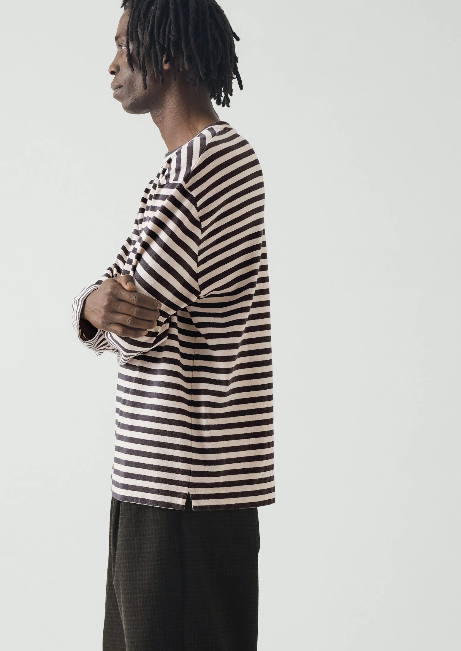 Chef Stripe Long Sleeve Cotton Tee | Slate/Vintage White - Image 2