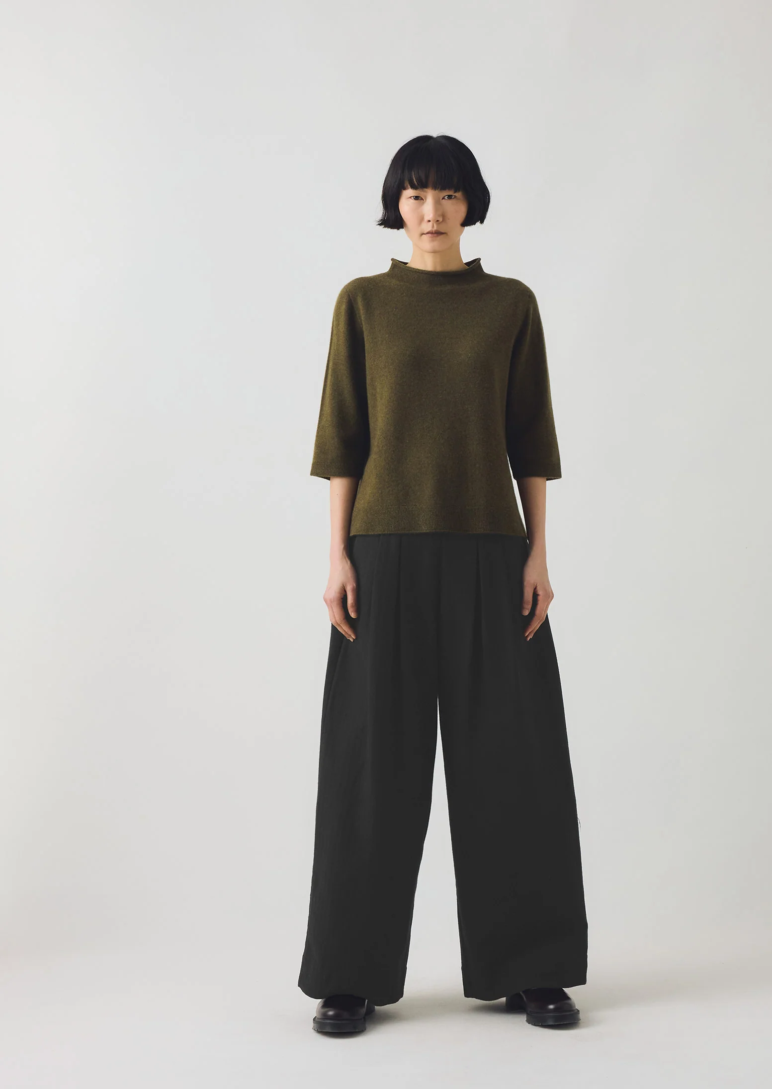 Corinne Wool Cotton Herringbone Wide Leg Trousers | Black - Image 3
