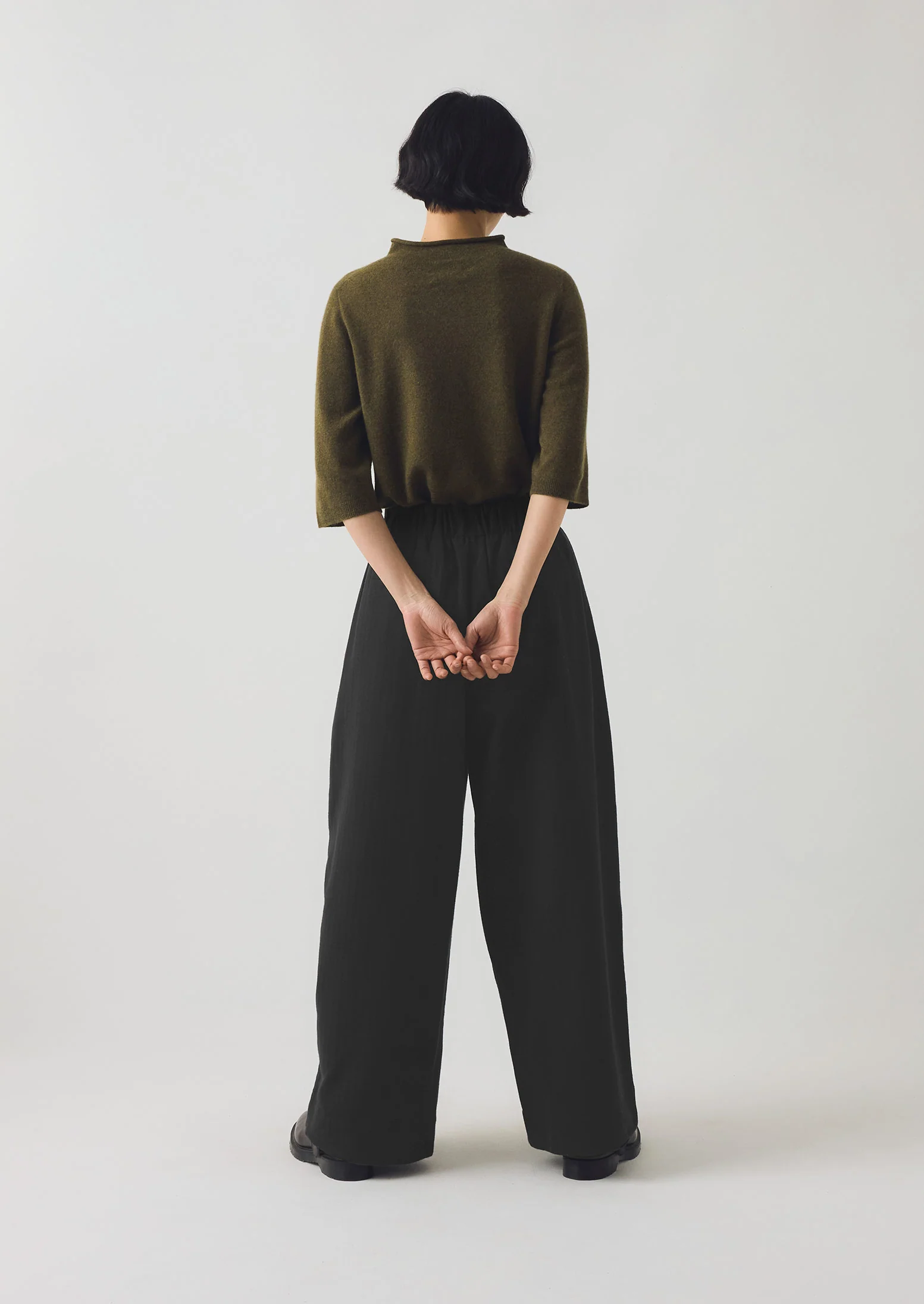 Corinne Wool Cotton Herringbone Wide Leg Trousers | Black - Image 4