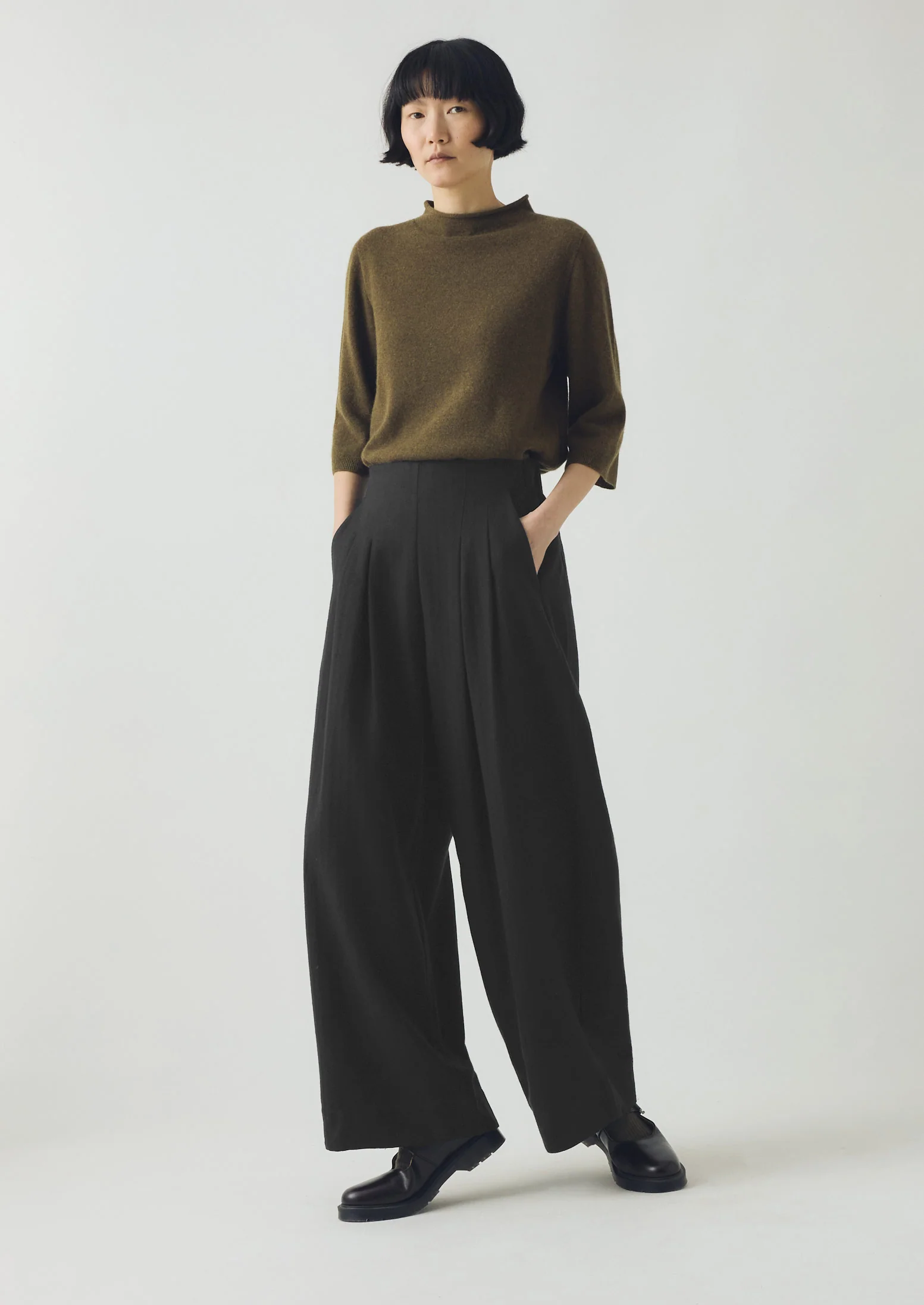 Corinne Wool Cotton Herringbone Wide Leg Trousers | Black - Image 5
