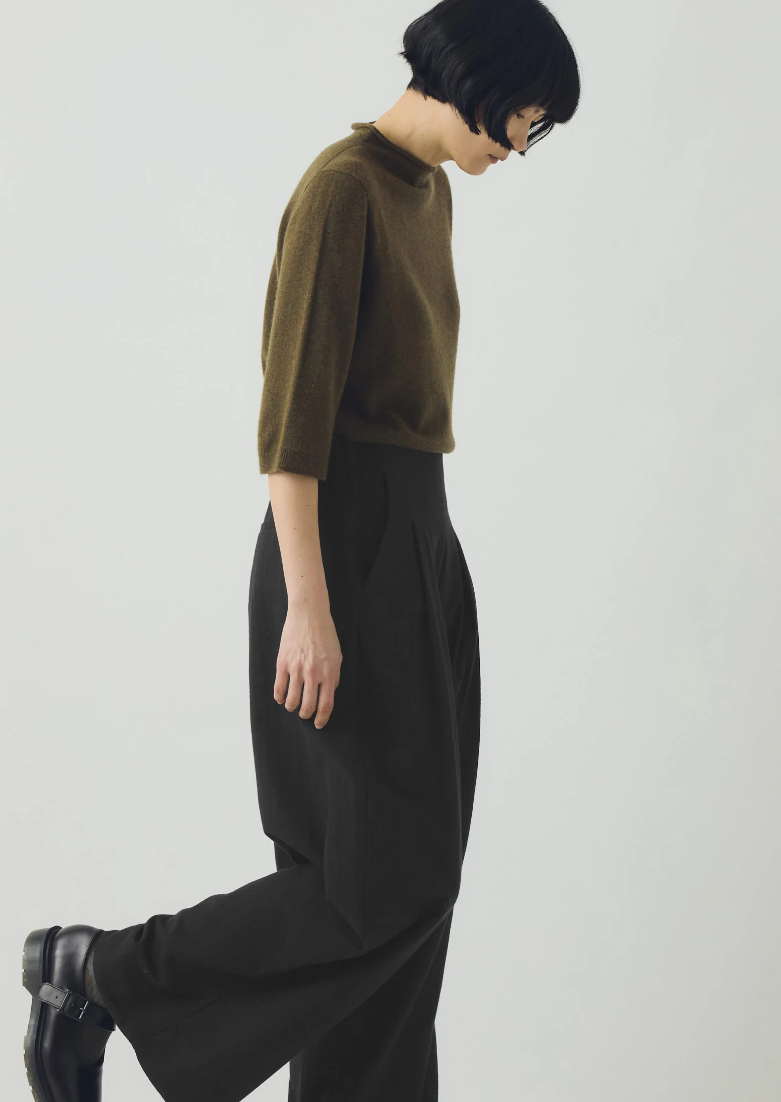 Corinne Wool Cotton Herringbone Wide Leg Trousers | Black - Image 6