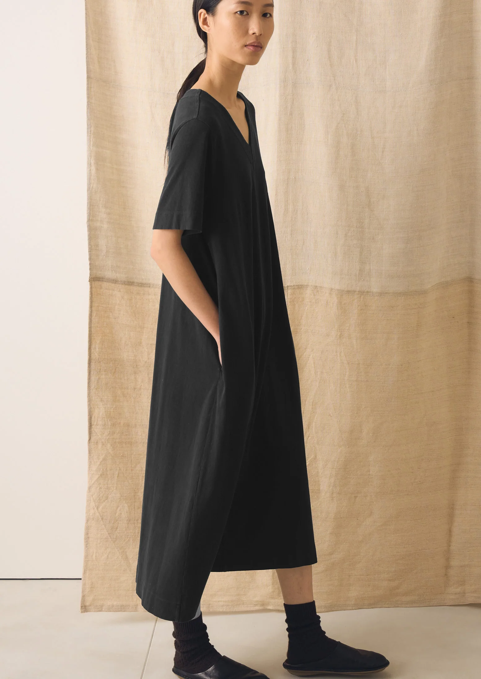 Cotton Jersey V Neck Dress | Washed Black - Image 2