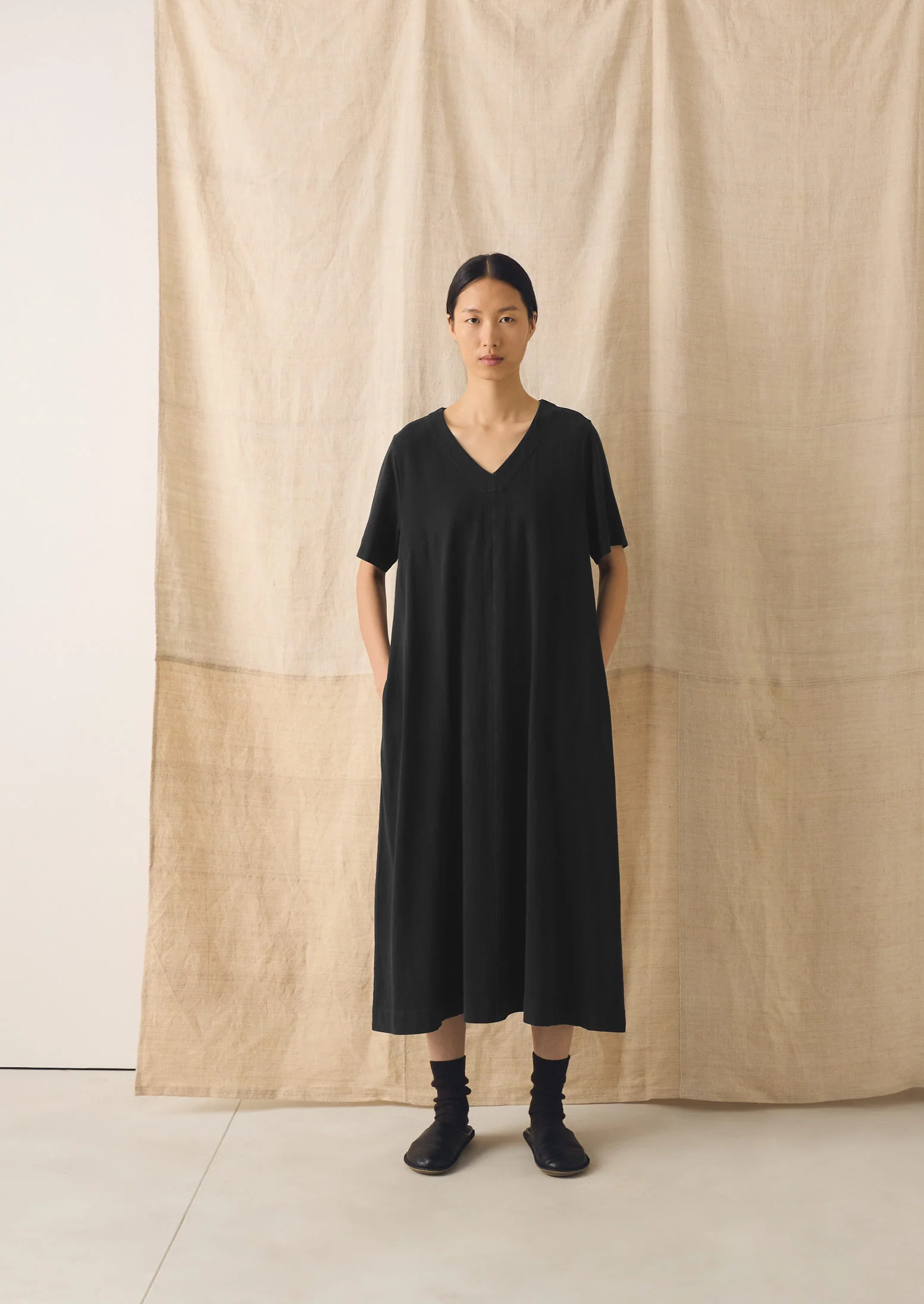Cotton Jersey V Neck Dress | Washed Black - Image 3