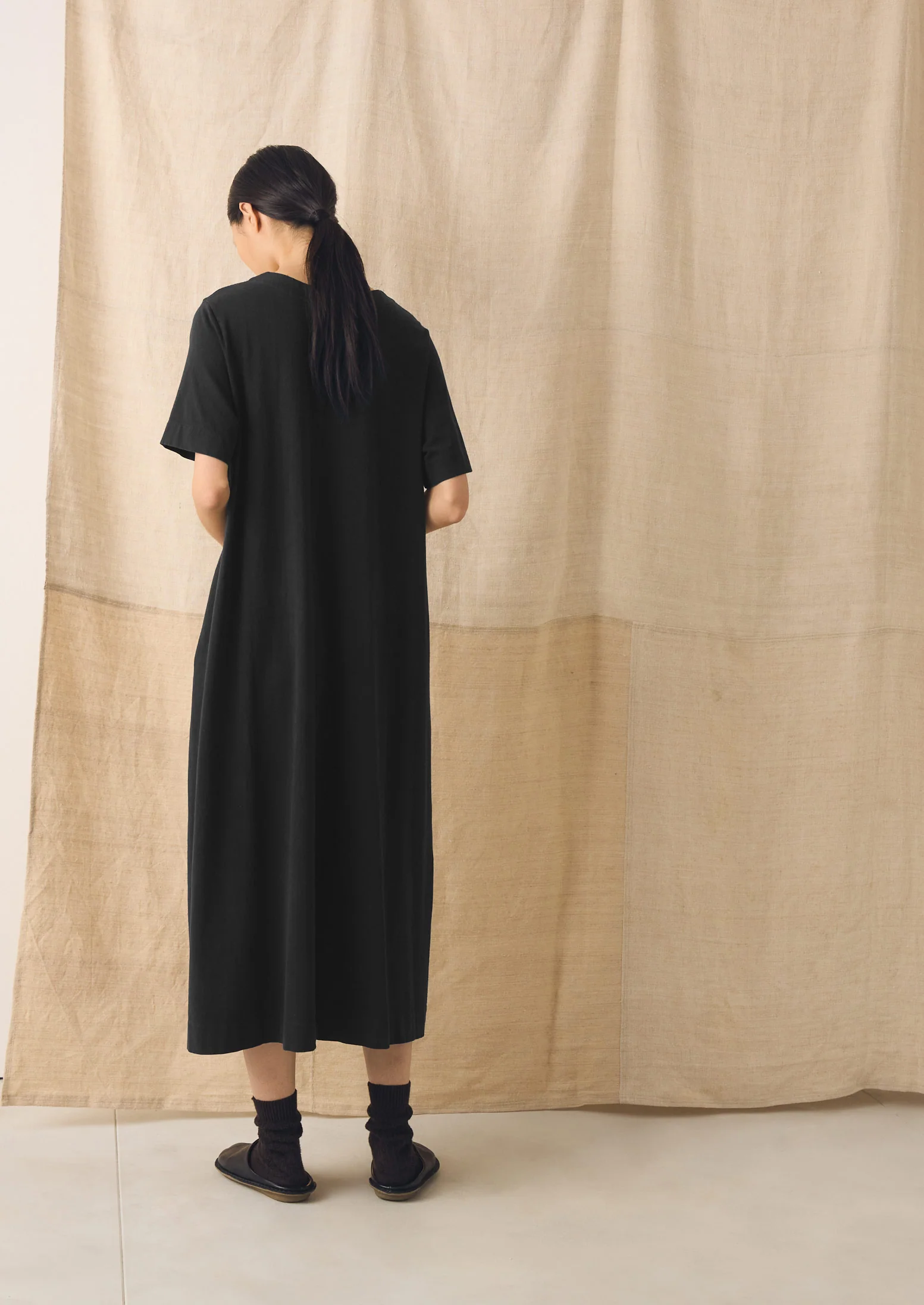 Cotton Jersey V Neck Dress | Washed Black - Image 4
