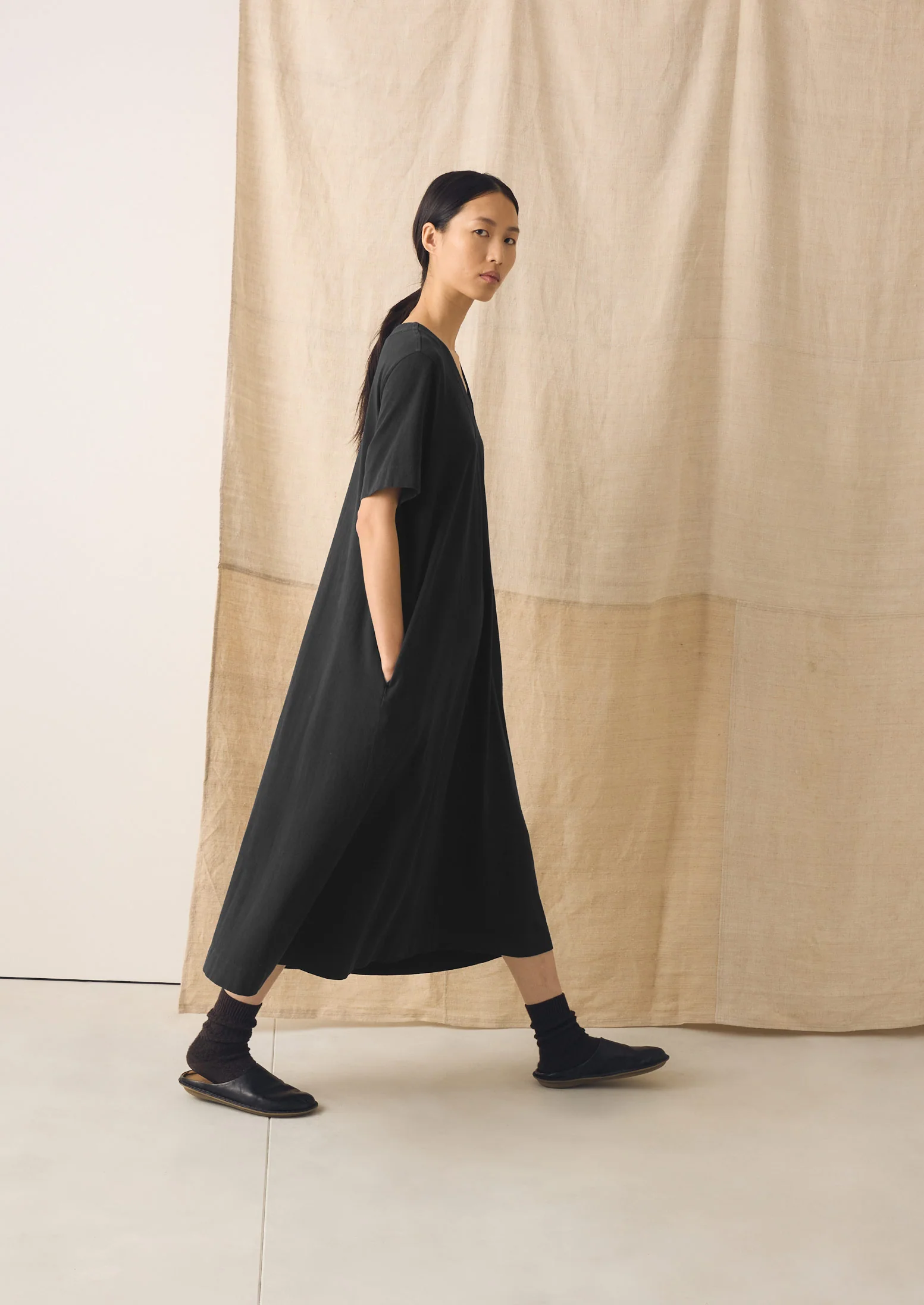 Cotton Jersey V Neck Dress | Washed Black - Image 5