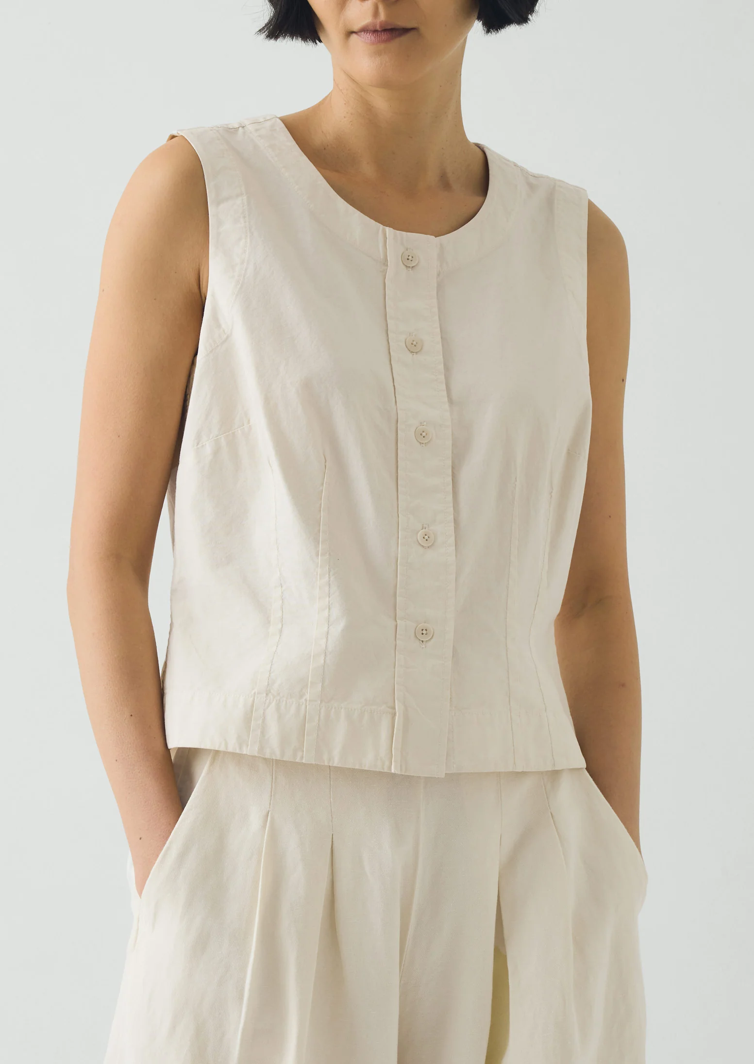 Cotton Linen Poplin Sleeveless Top | Ecru - Image 2