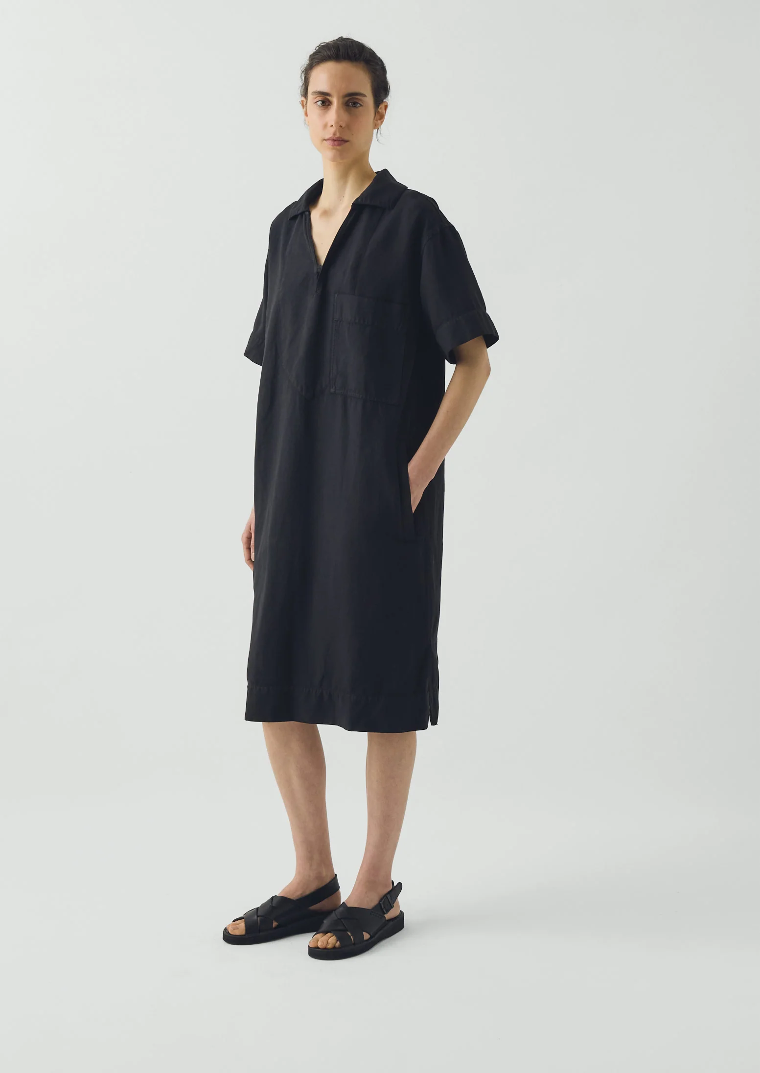 Cotton Linen Smock Dress | Soft Black - Image 2