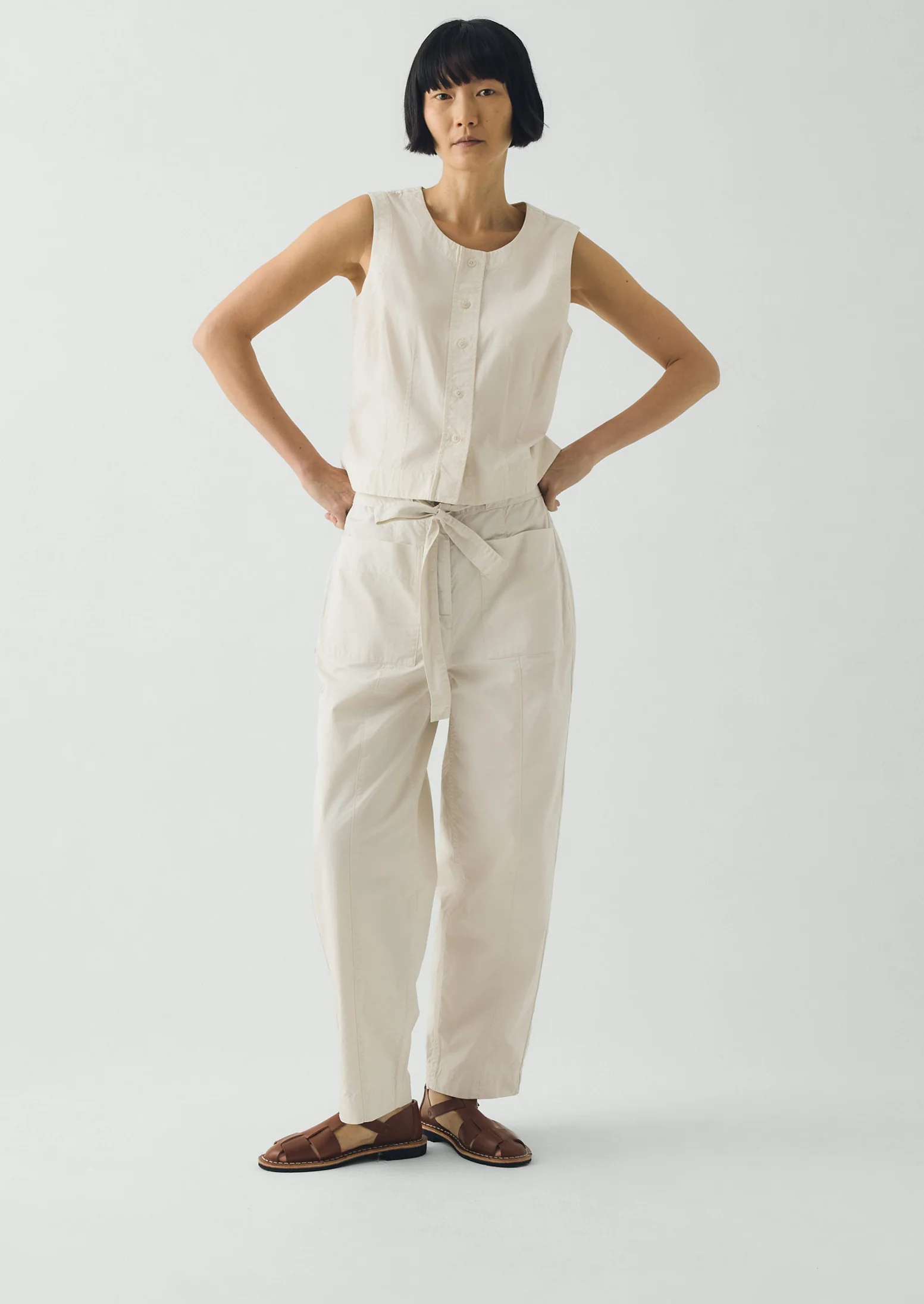 Cotton Twill Belted Trousers | Pebble - Image 2