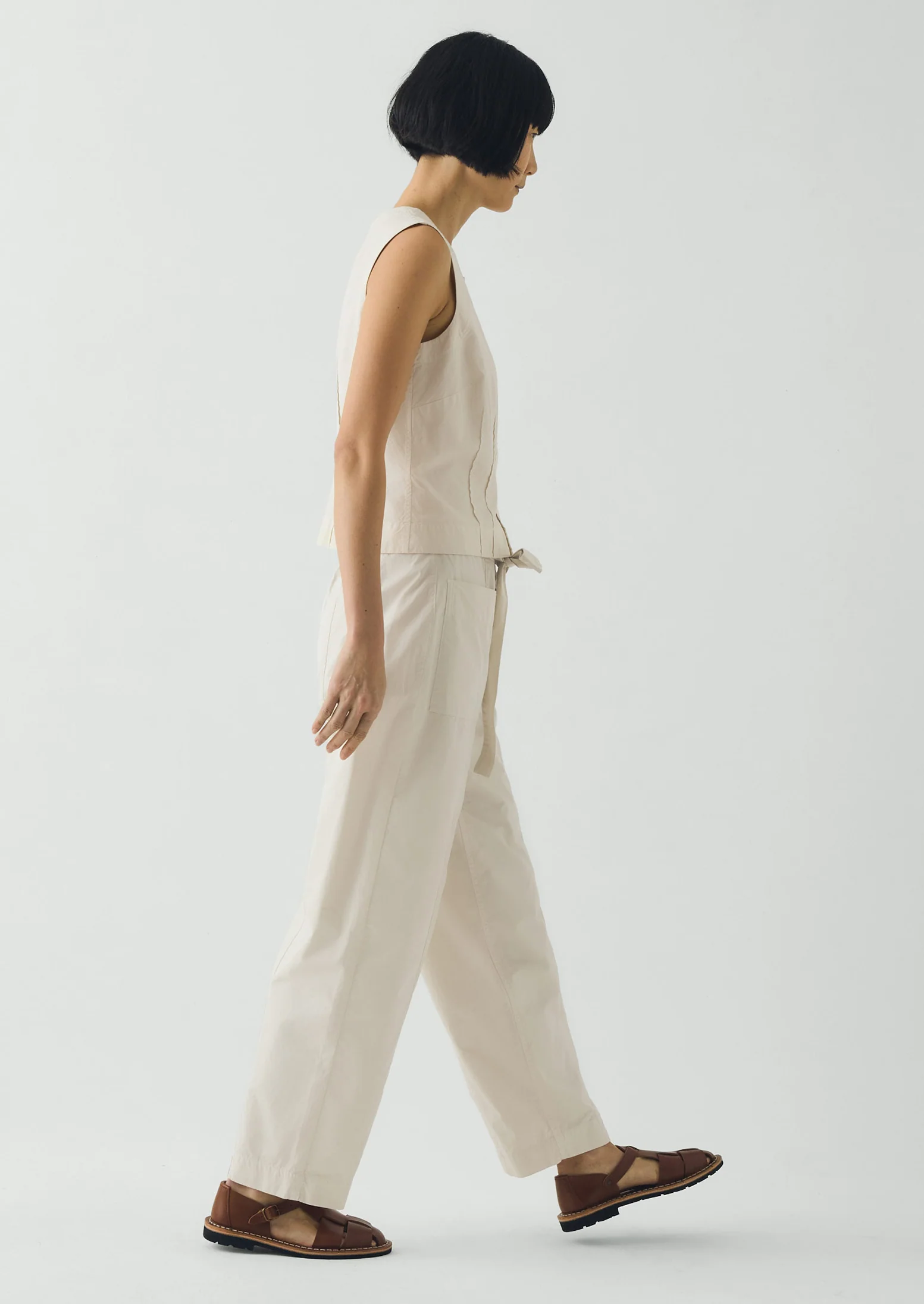 Cotton Twill Belted Trousers | Pebble - Image 3