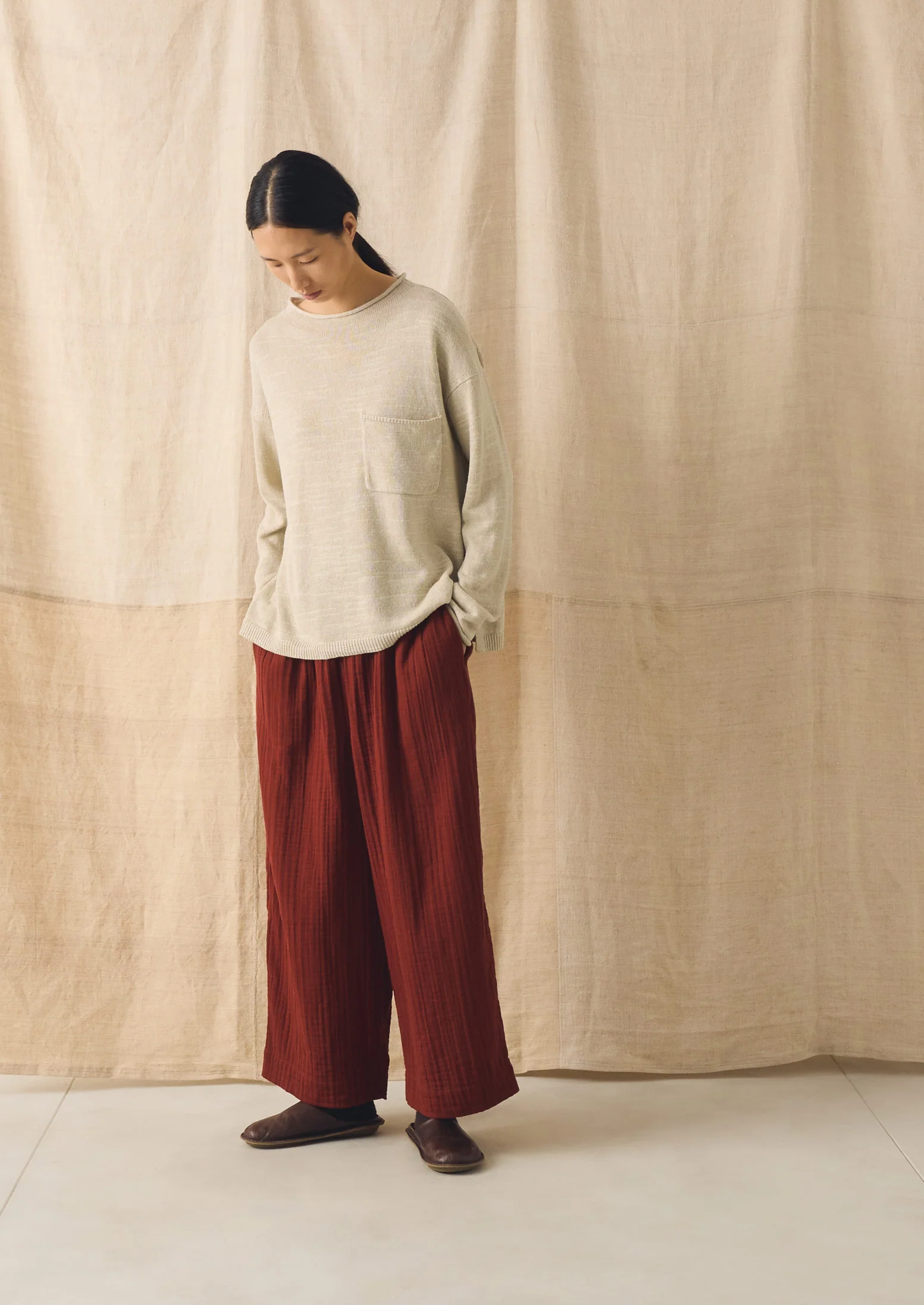 Crinkle Cotton Gauze Wide Leg Trousers | Tomato Red - Image 3