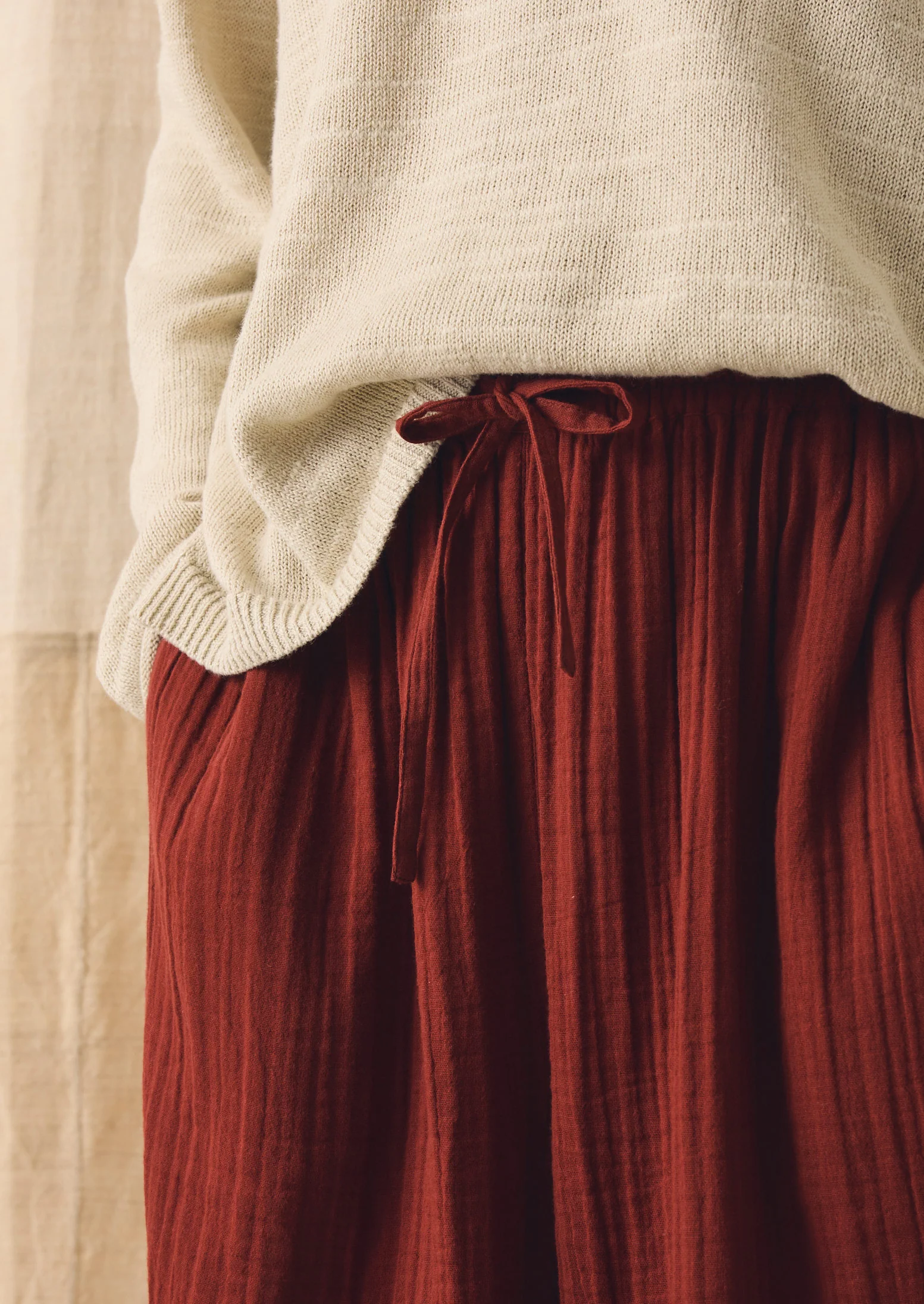 Crinkle Cotton Gauze Wide Leg Trousers | Tomato Red - Image 4