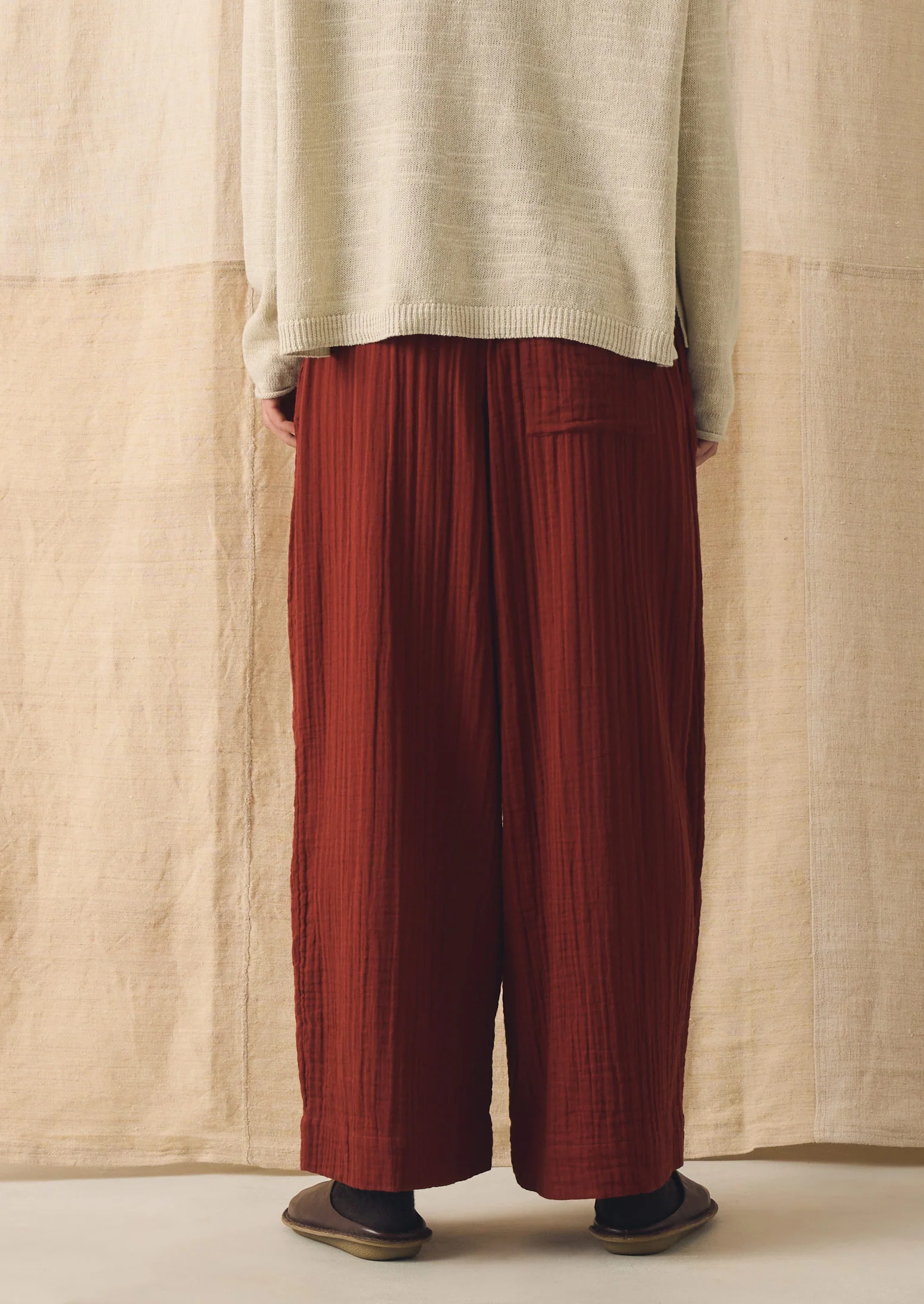 Crinkle Cotton Gauze Wide Leg Trousers | Tomato Red - Image 5