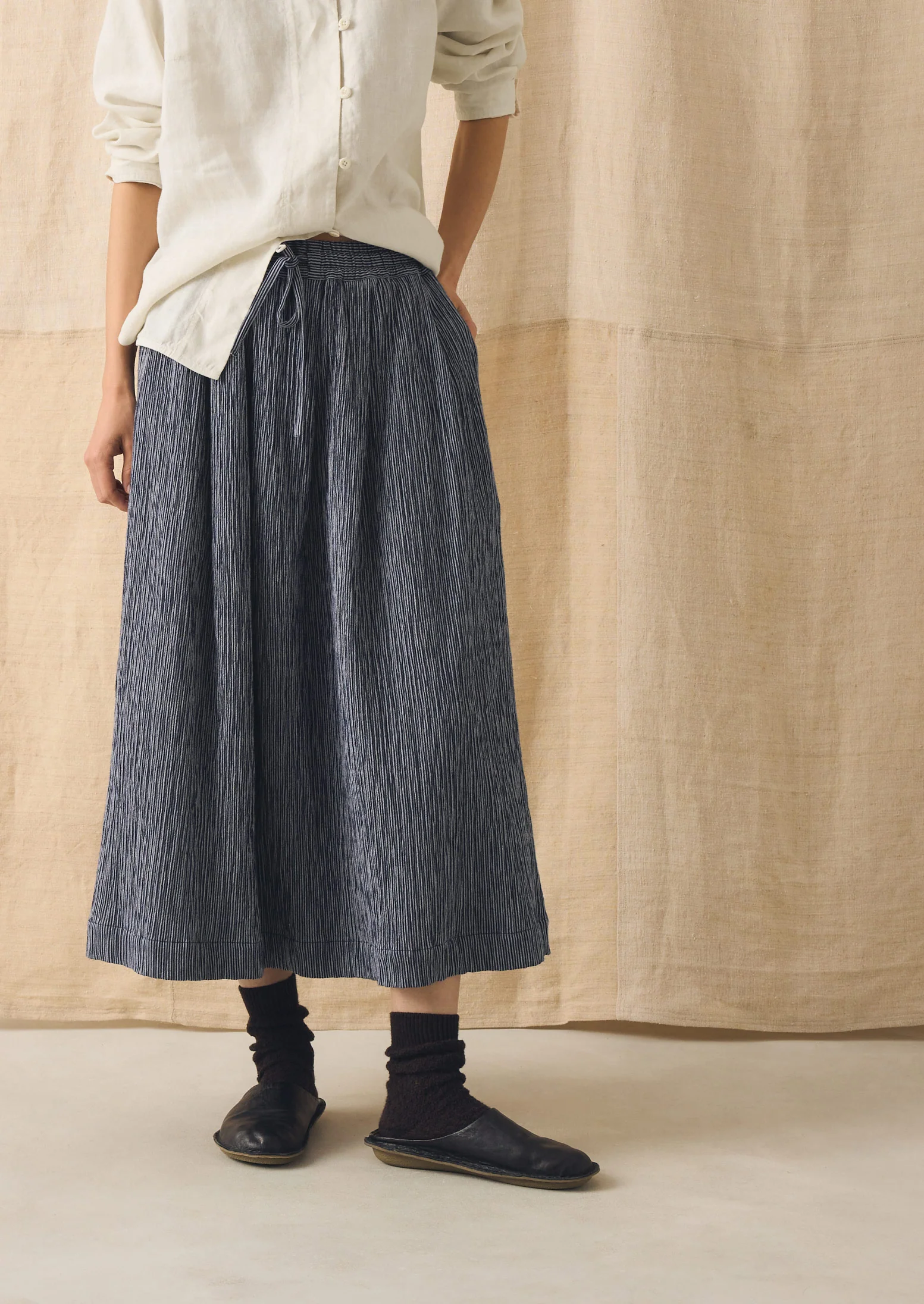 Crinkle Cotton Skirt | Dark Blue/White - Image 6