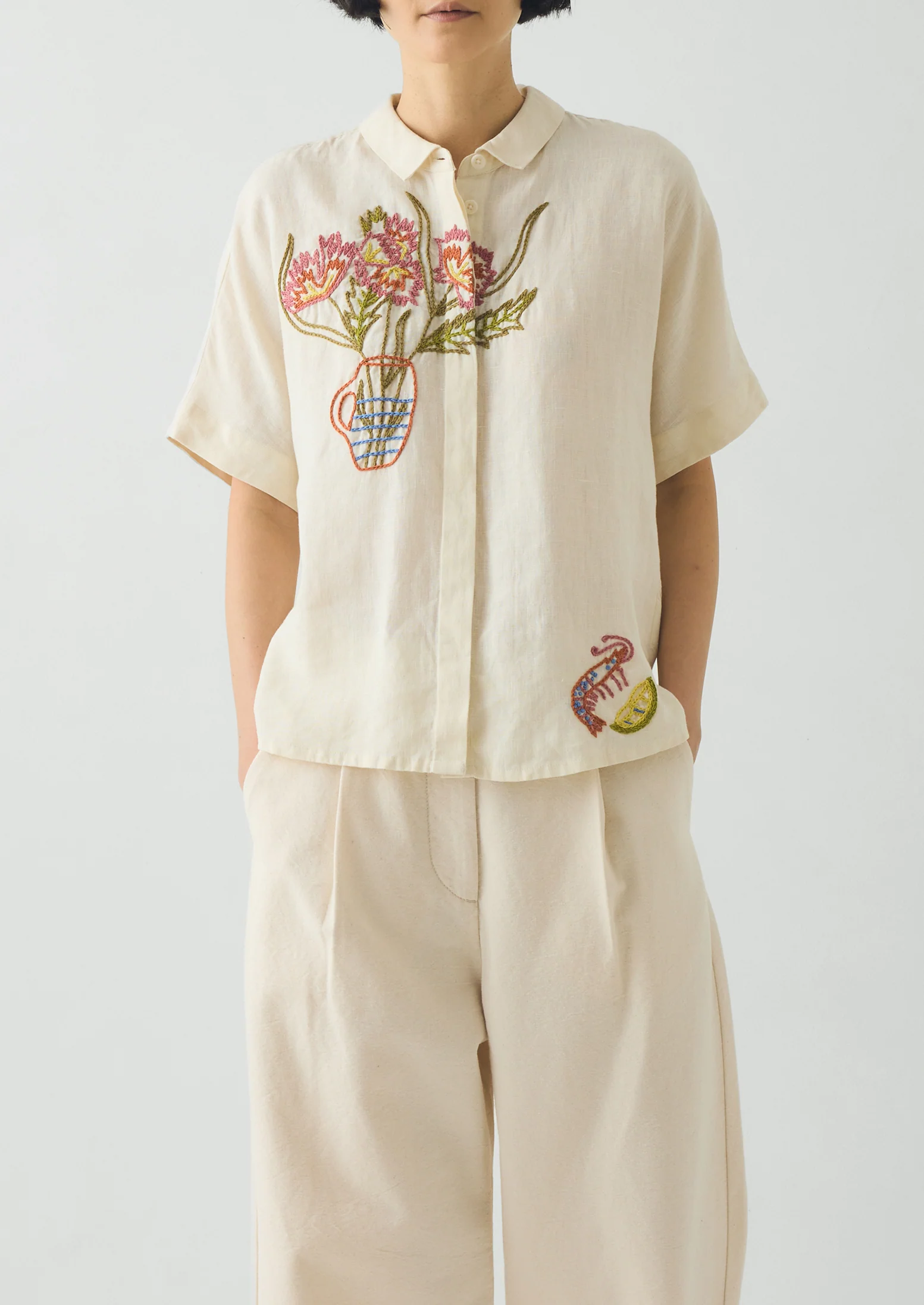 Embroidered Al Fresco Linen Shirt | Lemon Posset - Image 8