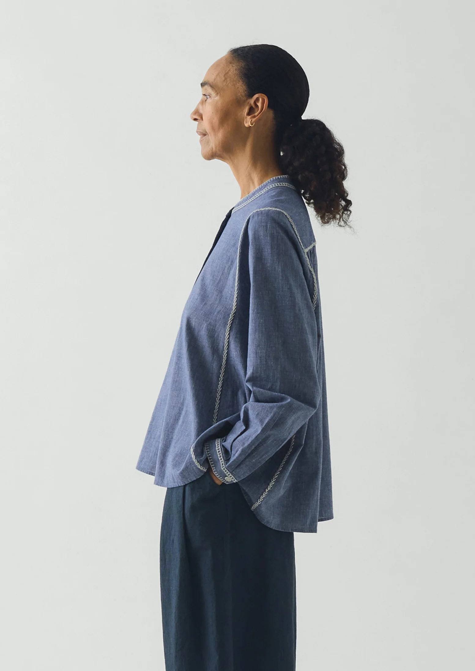 Embroidered Cotton Linen Chambray Shirt | Chambray Blue - Image 2