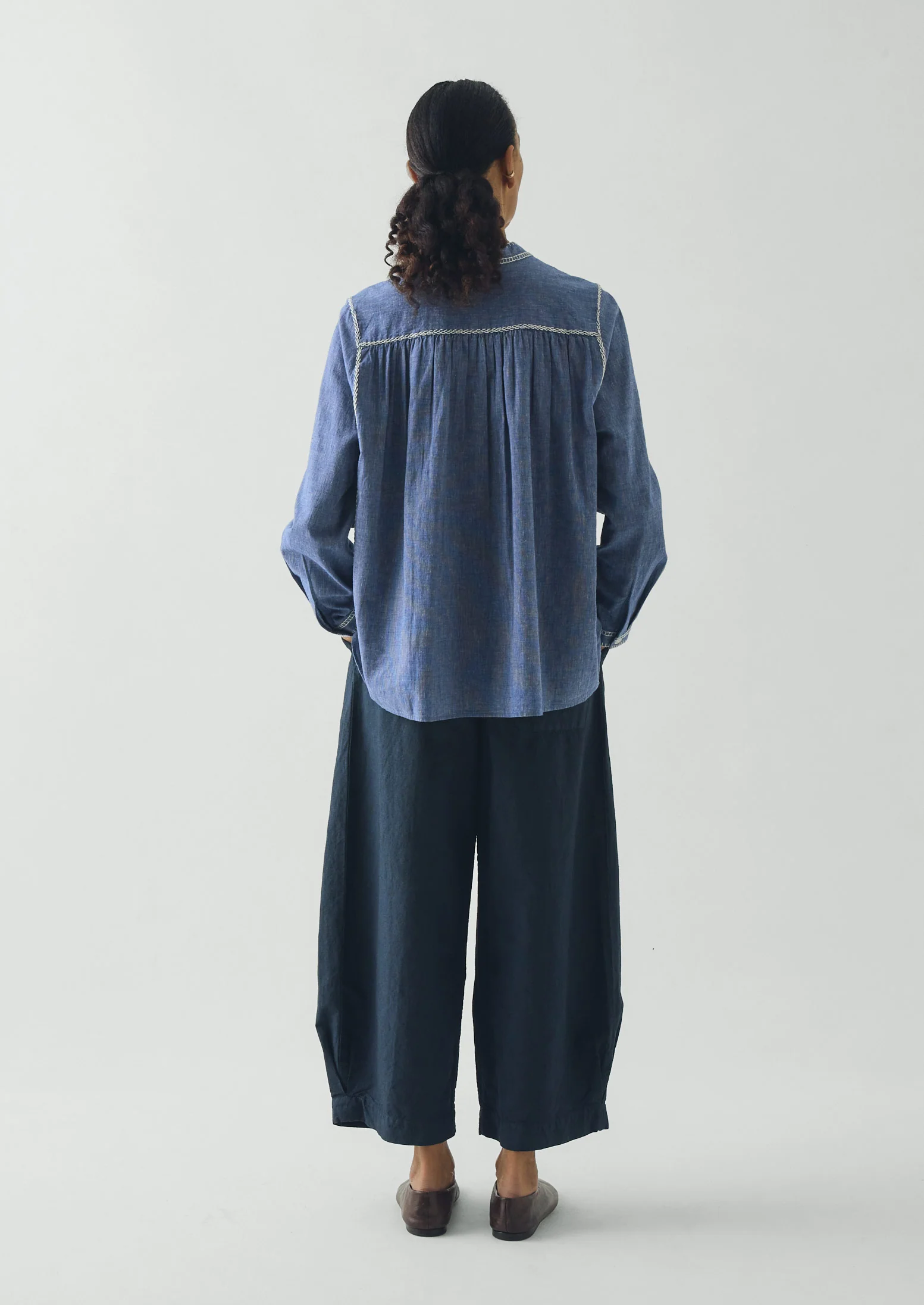 Embroidered Cotton Linen Chambray Shirt | Chambray Blue - Image 3