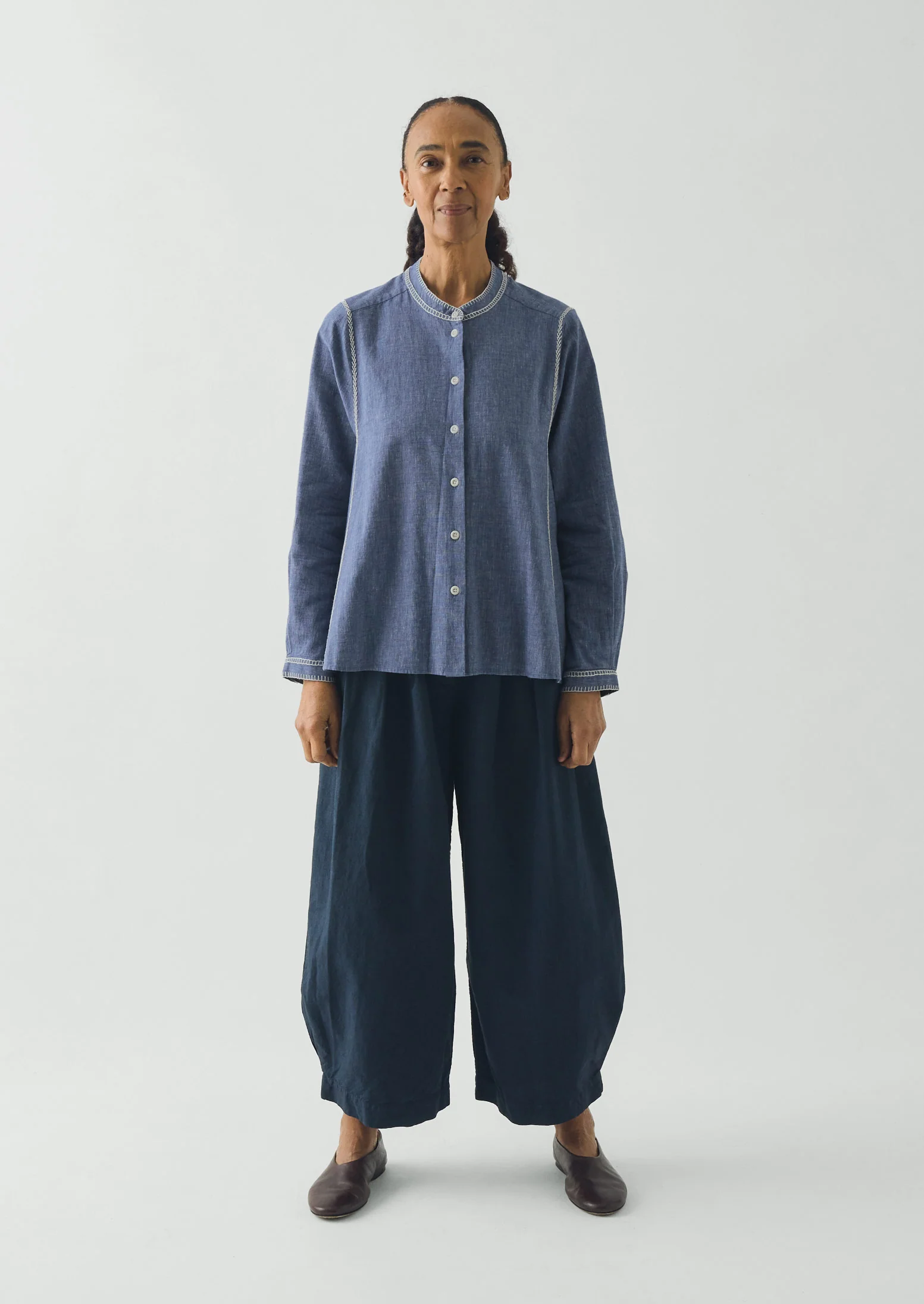 Embroidered Cotton Linen Chambray Shirt | Chambray Blue - Image 5