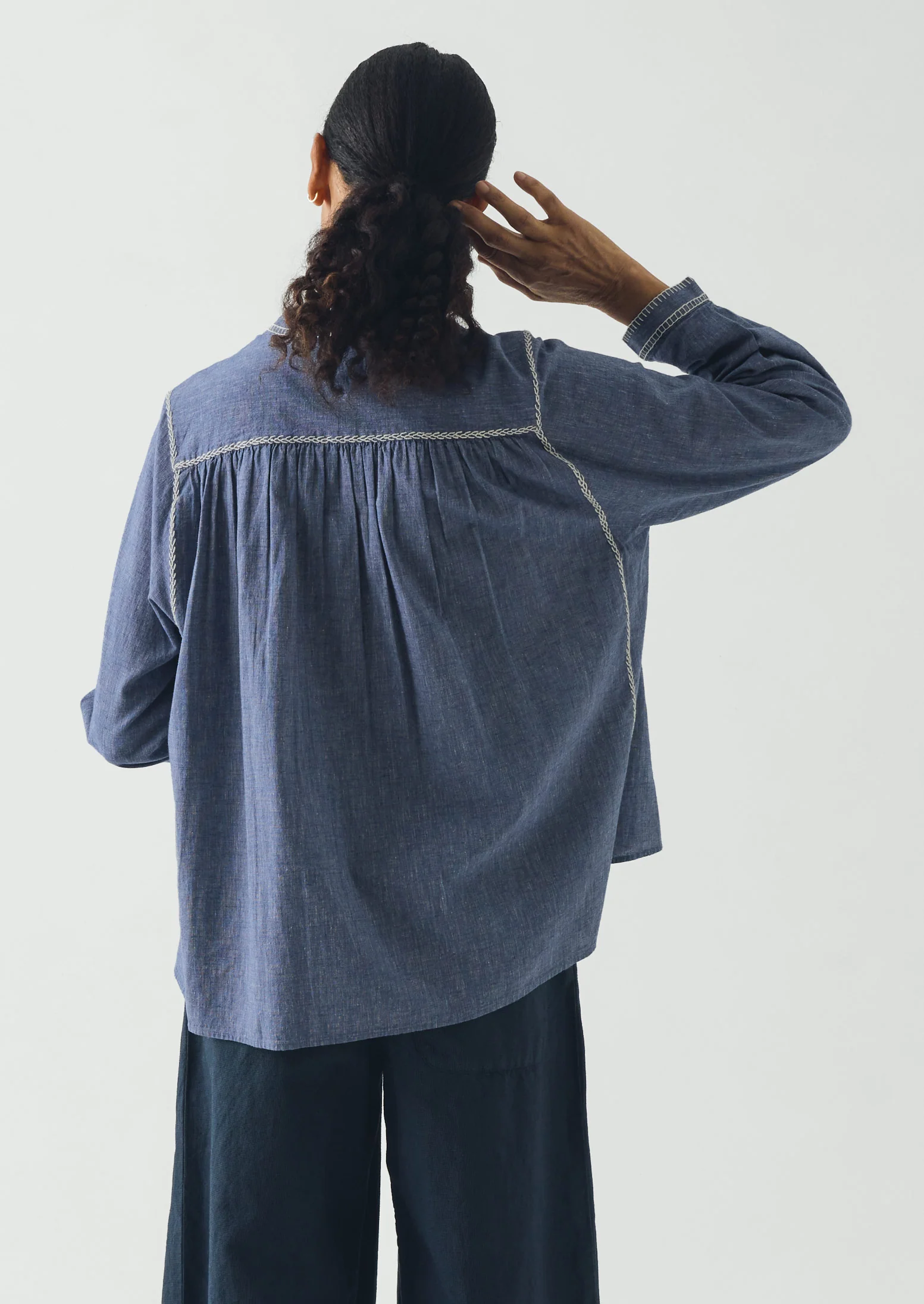 Embroidered Cotton Linen Chambray Shirt | Chambray Blue - Image 6