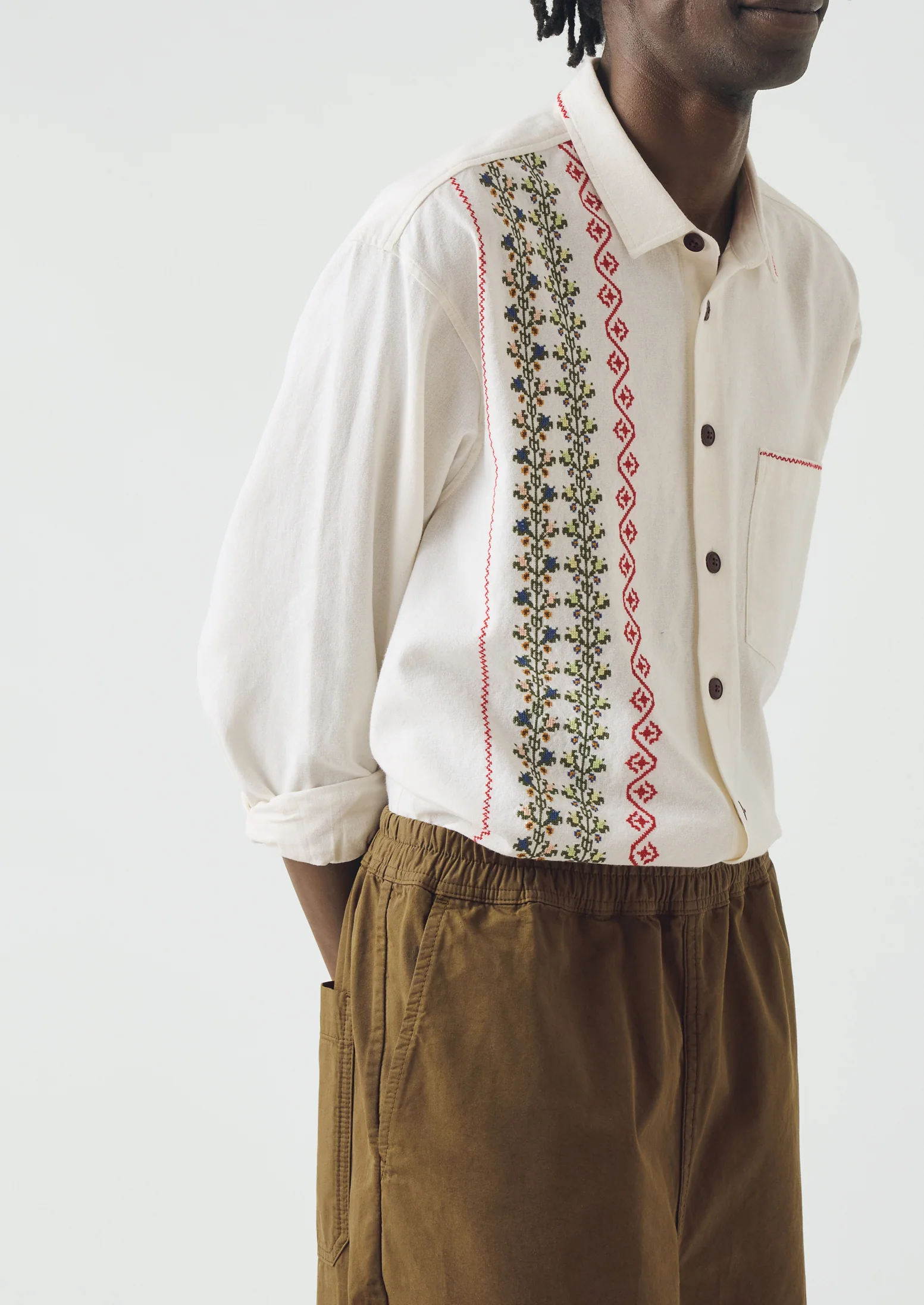 Embroidered Cross Stitch Cotton Shirt | Ecru - Image 3