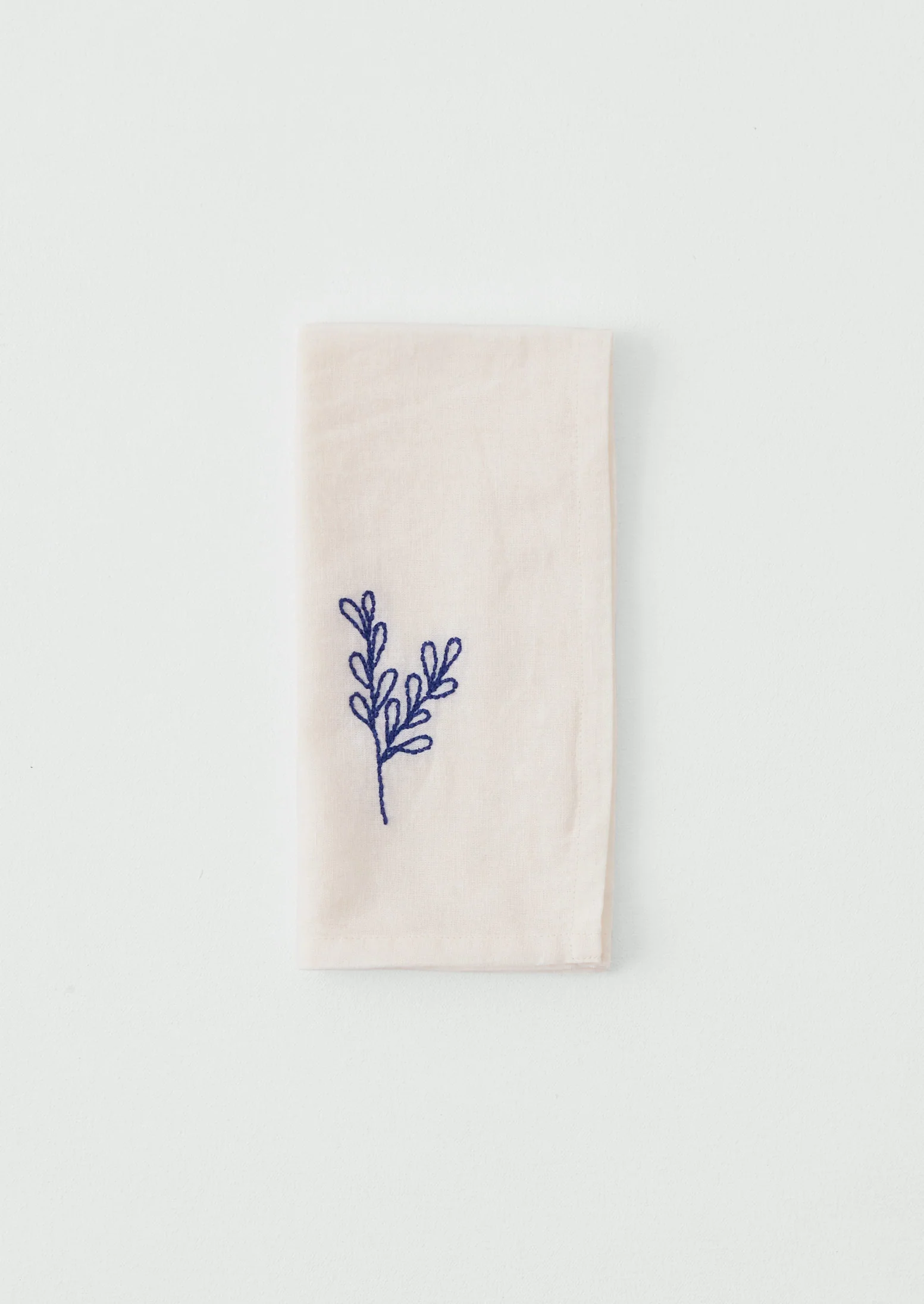 Embroidered Sprig Cotton Linen Napkin | Ecru/Blue